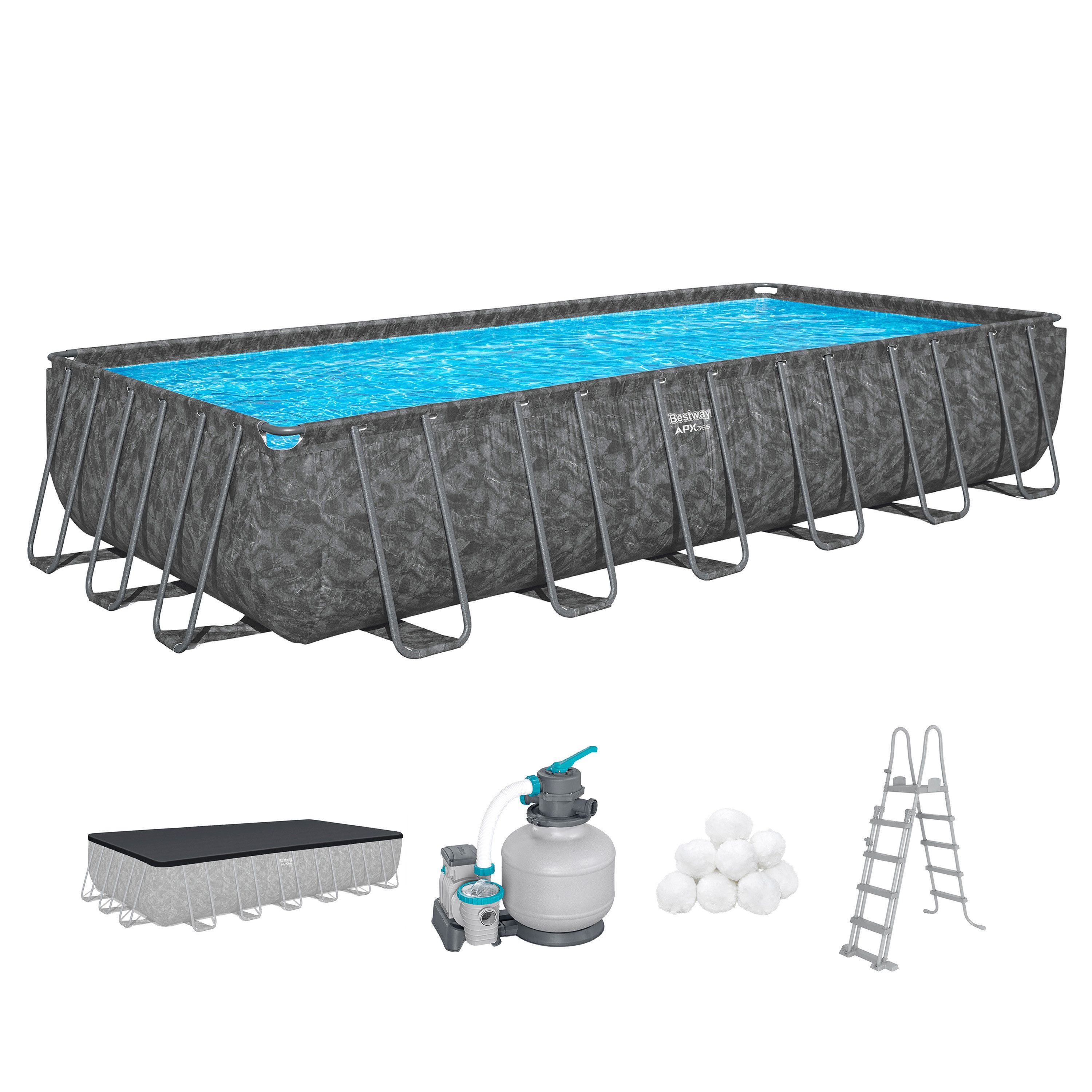 Bestway Framepool APX365™ Winterfest (Set, Inkl. Sandfilteranlage, Filterbälle, Sicherheitsleiter, Abdeckplane), 732 x 366 x 132 cm