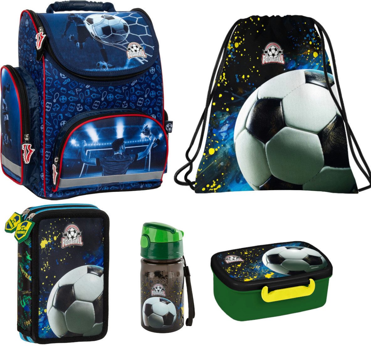 DERFORM Schulranzen Fussball Set - Tornister Federtasche Turnbeutel Brotdose Trinkflasche (5-tlg., 5 tlg)
