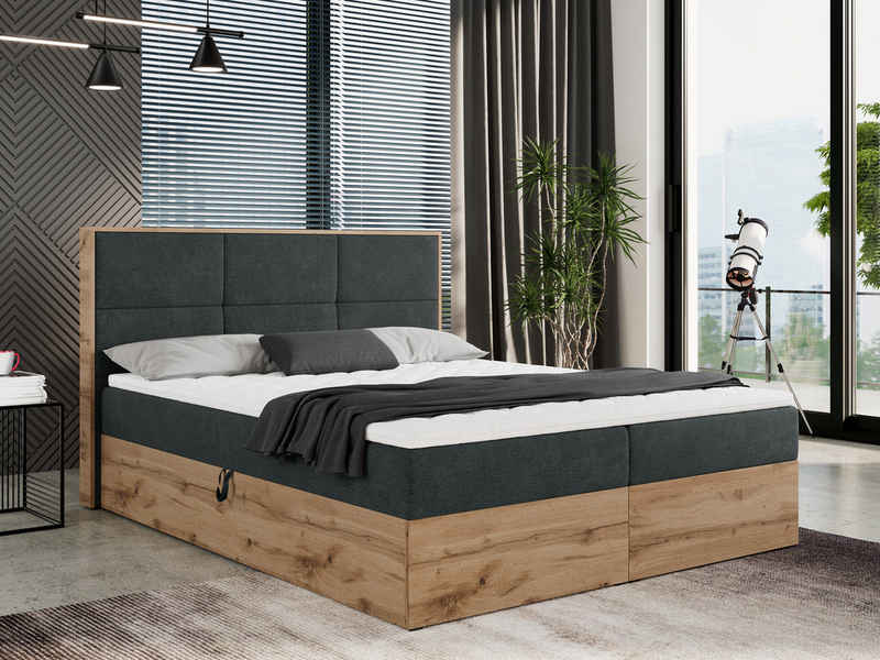 MKS MÖBEL Boxspringbett ALBERO 2, Doppelbett, mit Eiche Holzrahmen, Multipocket-Matratze, mit Kopfstütze