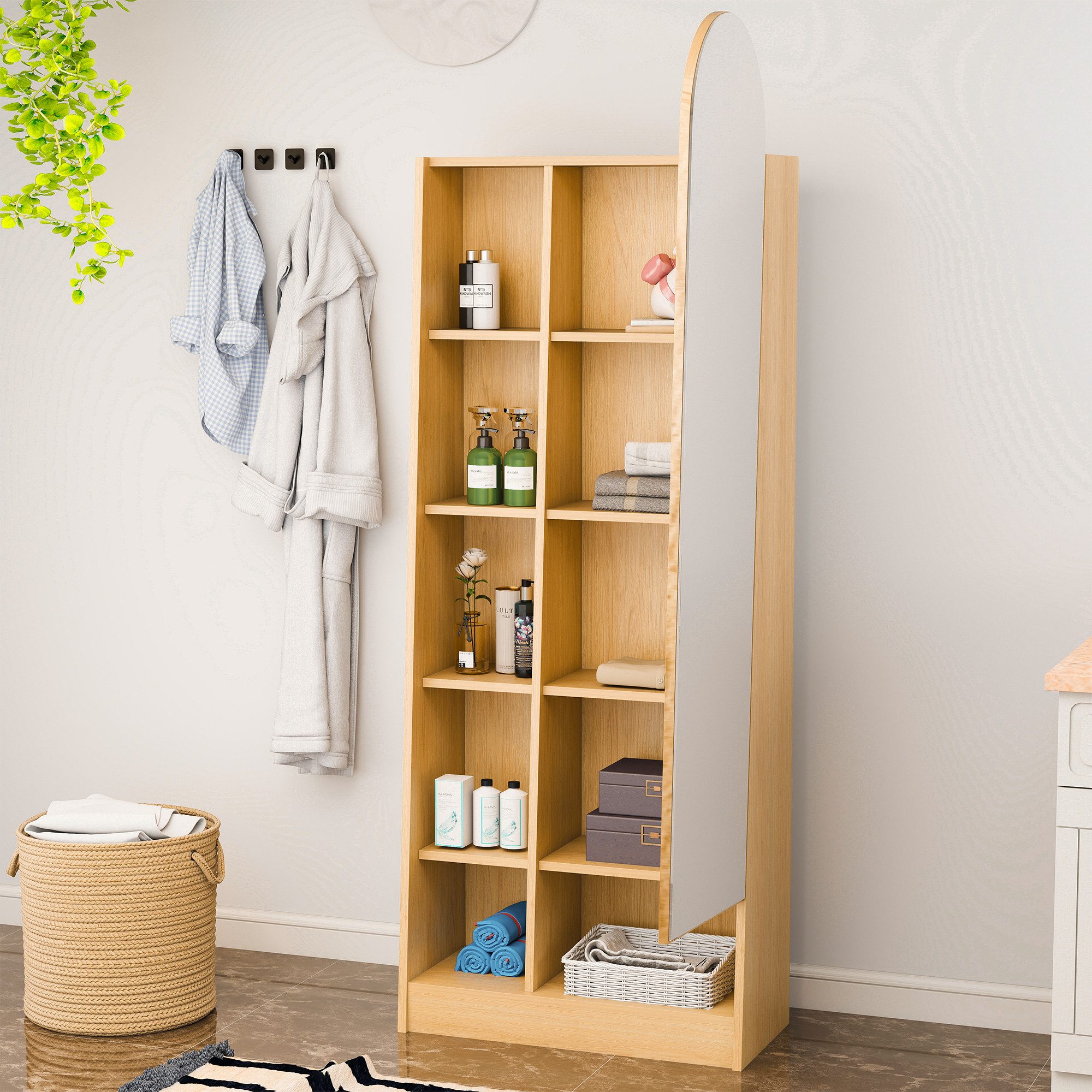 HAUSS SPOLE Hochschrank mit Spiegeltür,Garderobenschrank Badschrank mit verstellbaren Ablagen (Mehrzweckschrank mit großzügiger Stauraum, mit gebogenen Ganzkörperspiegel) für Eingangsbereich, Schlafzimmer oder Badezimmer