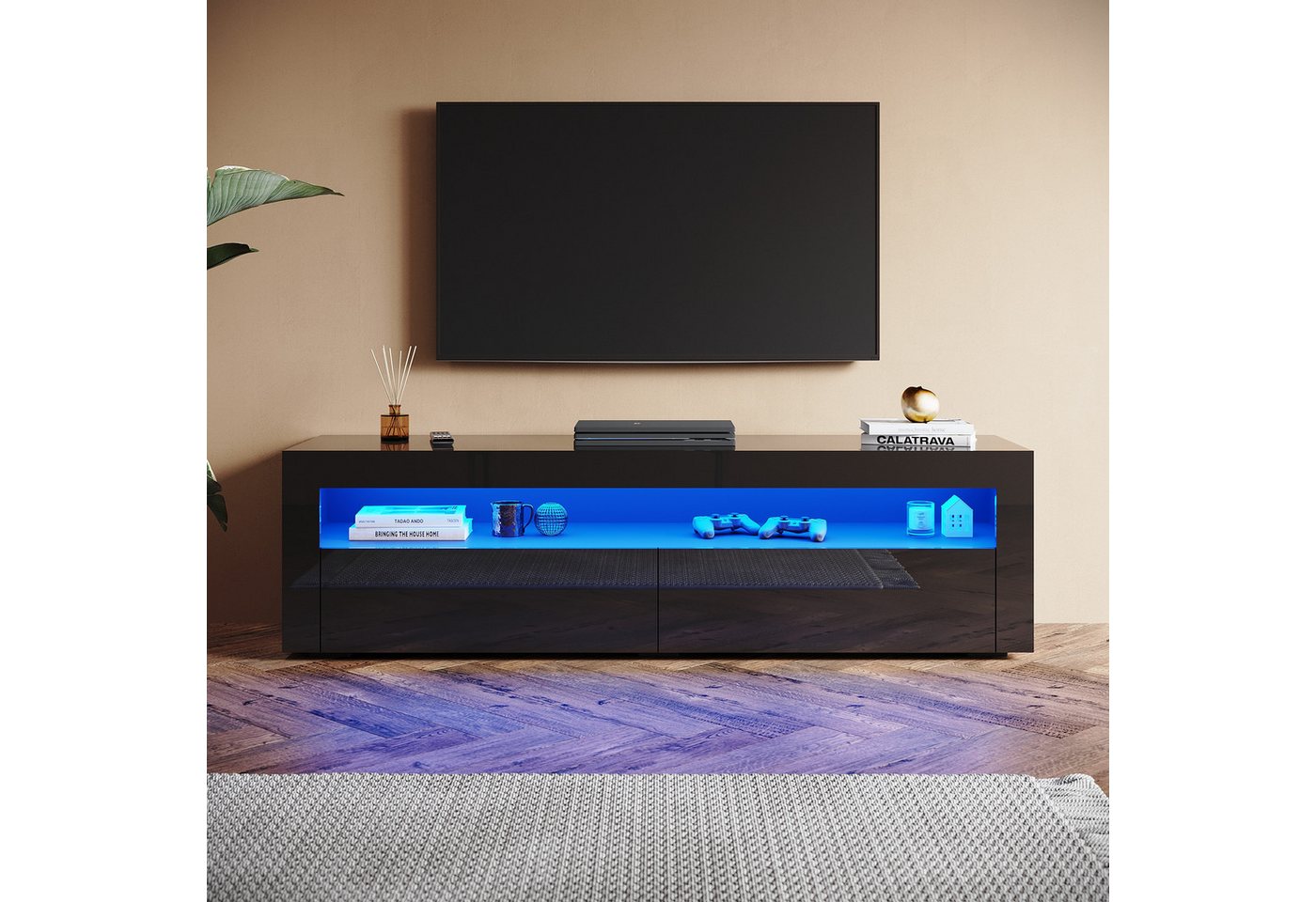 SONNI TV-Schrank TV Lowboard Board mit RGB Beleuchtung Schwarz Hochglanz Fernsehtisch
