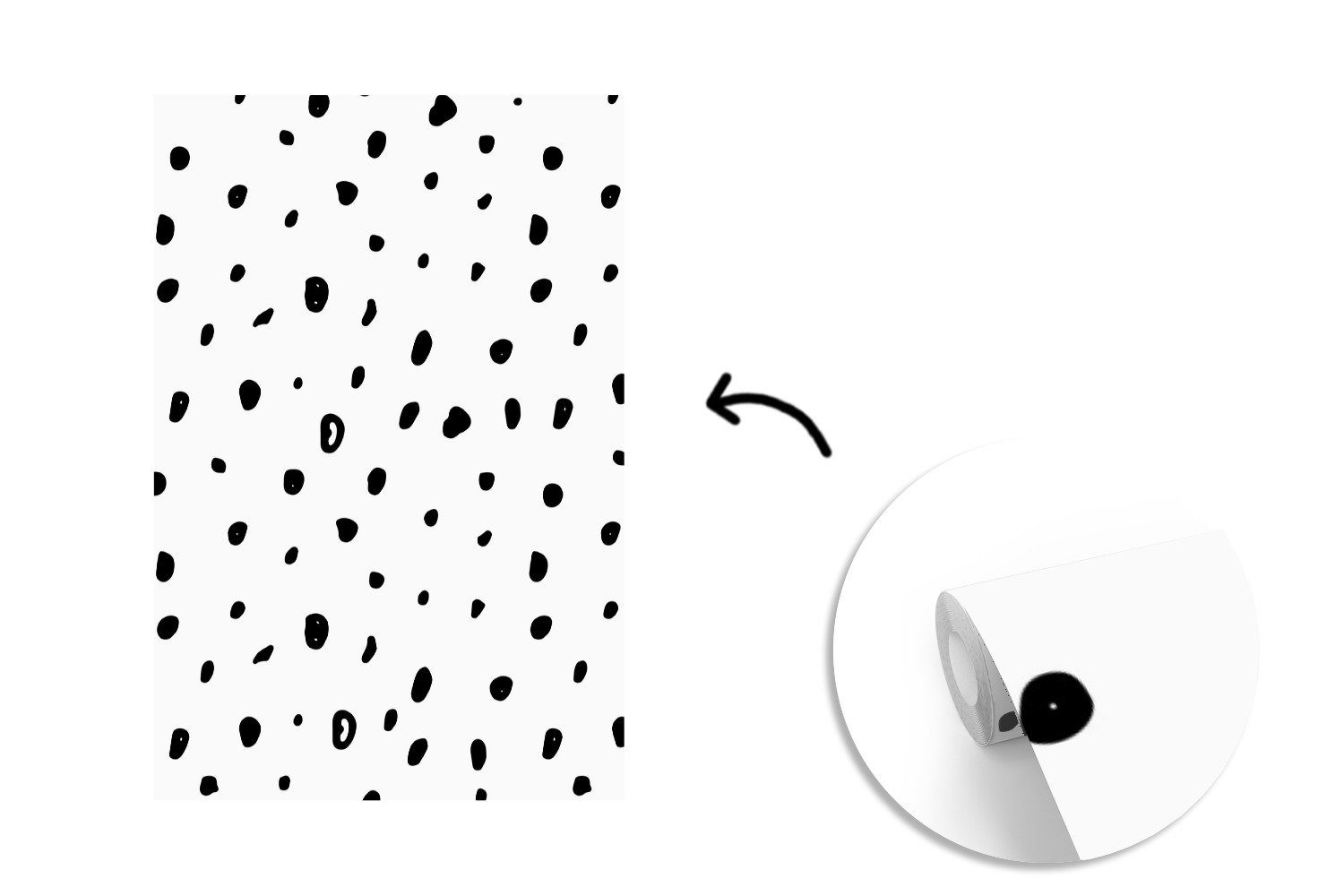 Vinyl St), Weiß - bedruckt, - dots für Tapete Fototapete Wandtapete (3 Montagefertig Muster, Matt, - Wohnzimmer, Polka MuchoWow Schwarz