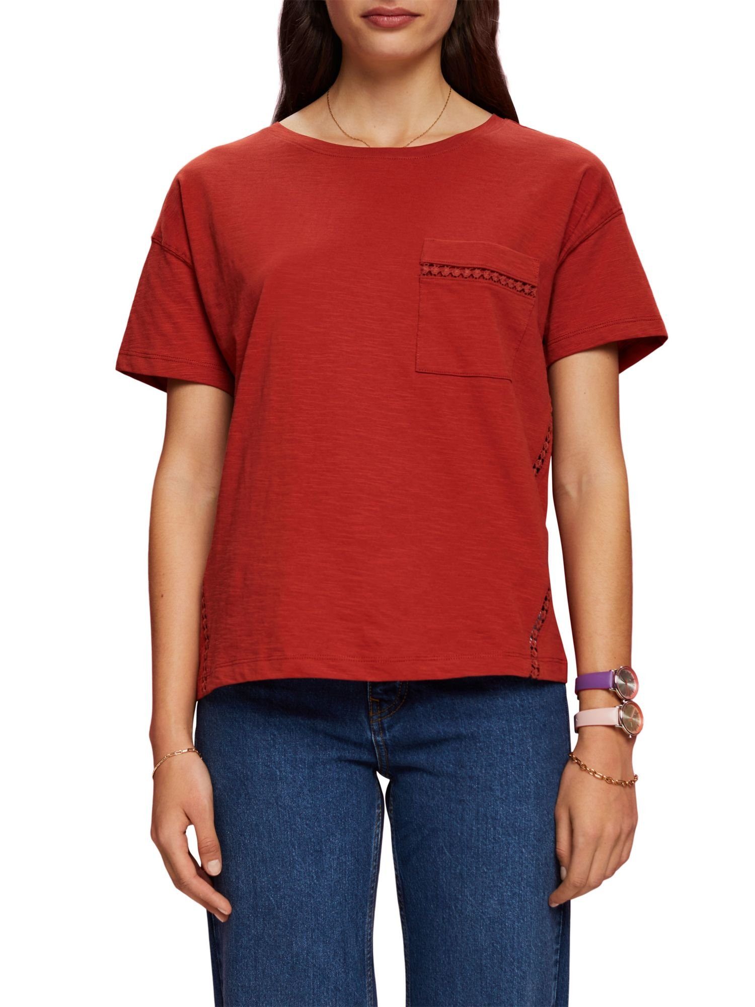 Esprit T-Shirt mit (1-tlg) Baumwoll-T-Shirt TERRACOTTA Spitzenbesatz