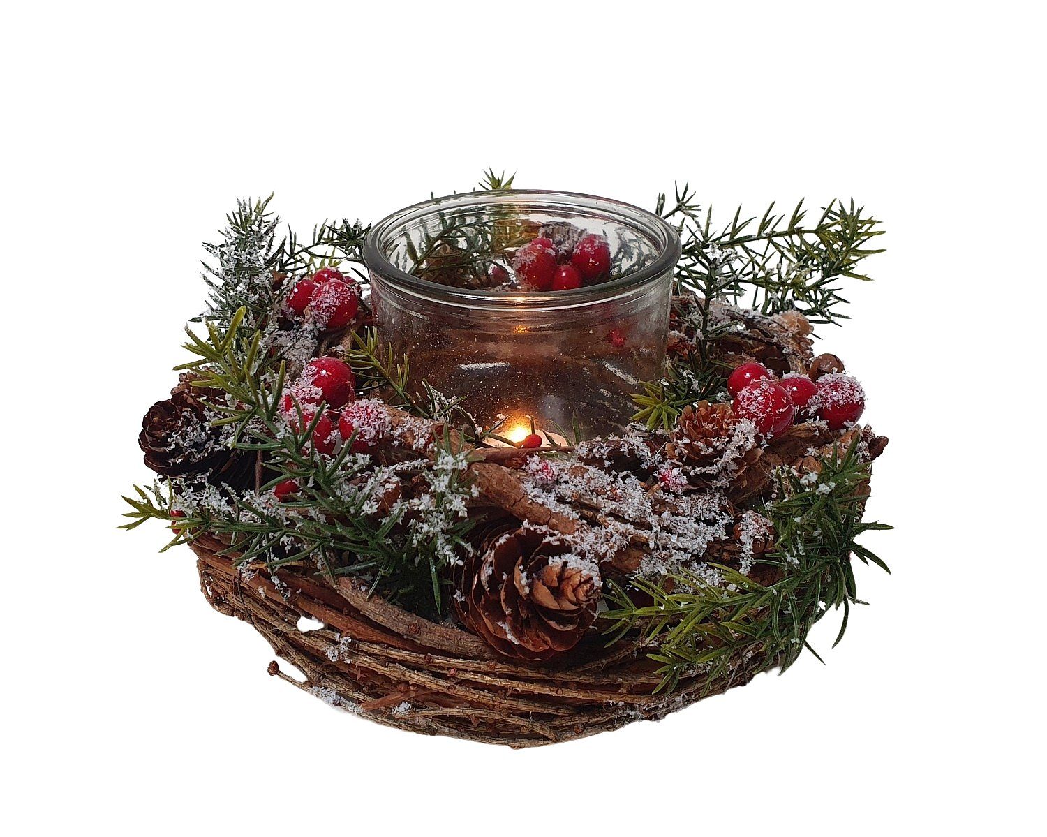 sesua Tischkranz Weihnachtskranz Glas Windlicht 22cm rote Beeren Weihnachten