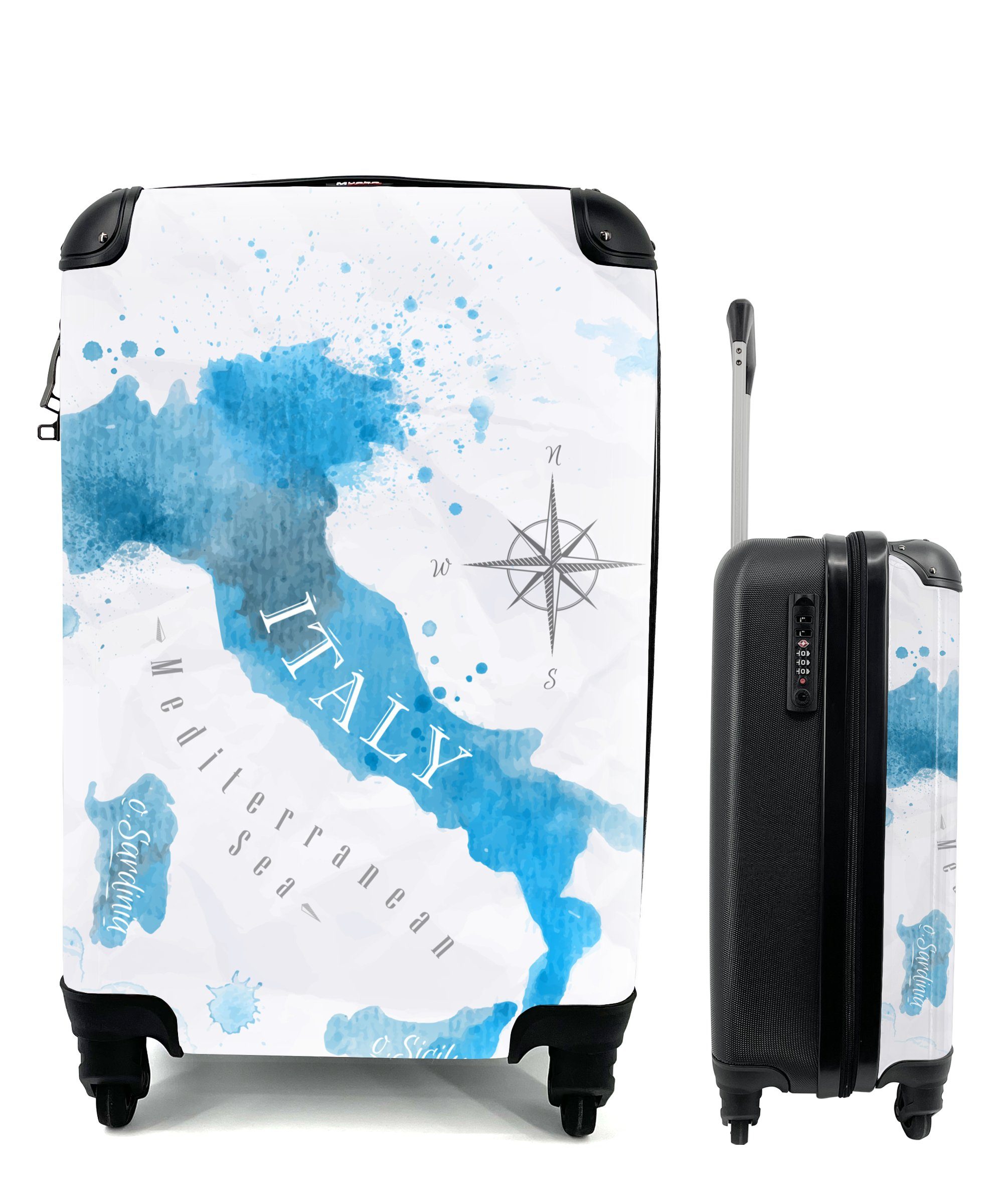 MuchoWow Handgepäckkoffer Weltkarte - Blau - Italien, 4 Rollen, Reisetasche mit rollen, Handgepäck für Ferien, Trolley, Reisekoffer