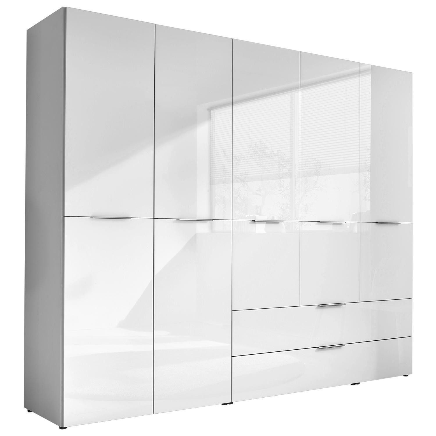 Pol-Power Drehtürenschrank SANTORIN, Weiß matt, Weißglas, 5 Türen, 2 Schubladen, B 250 x H 212 x T 57 cm