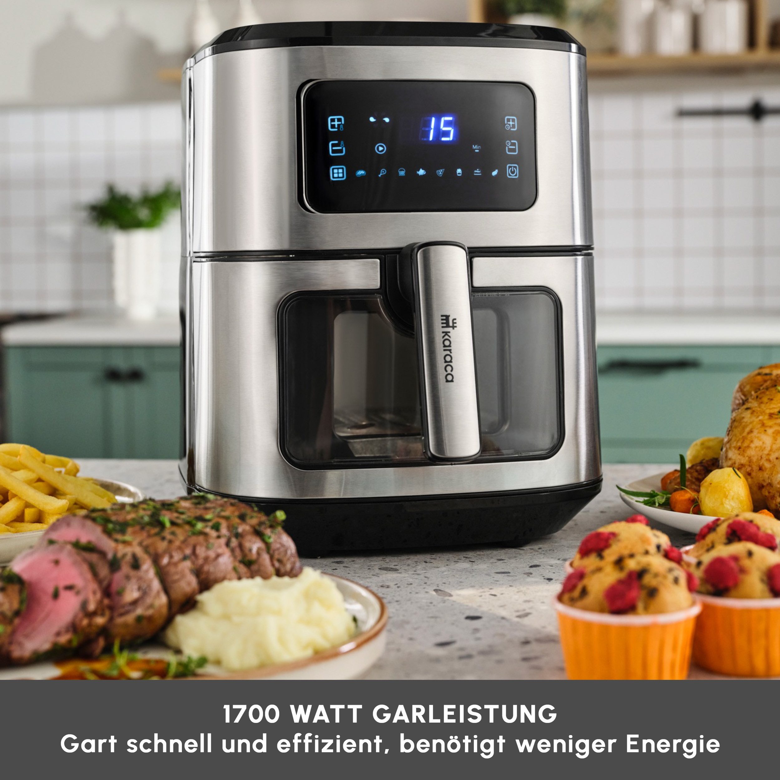 Karaca Heißluftfritteuse, Multifry Inox XXL Heißluftfritteuse, 7L Airfryer mit Fenster
