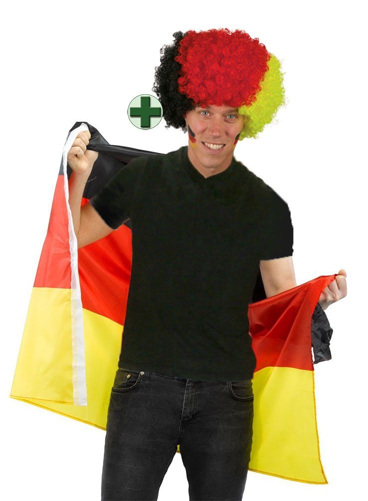 Karneval-Klamotten Kostüm Poncho Cape Umhang Deutschland mit Perücke Locken, Weltmeisterschaft WM EM Fan Artikel Fußball Party