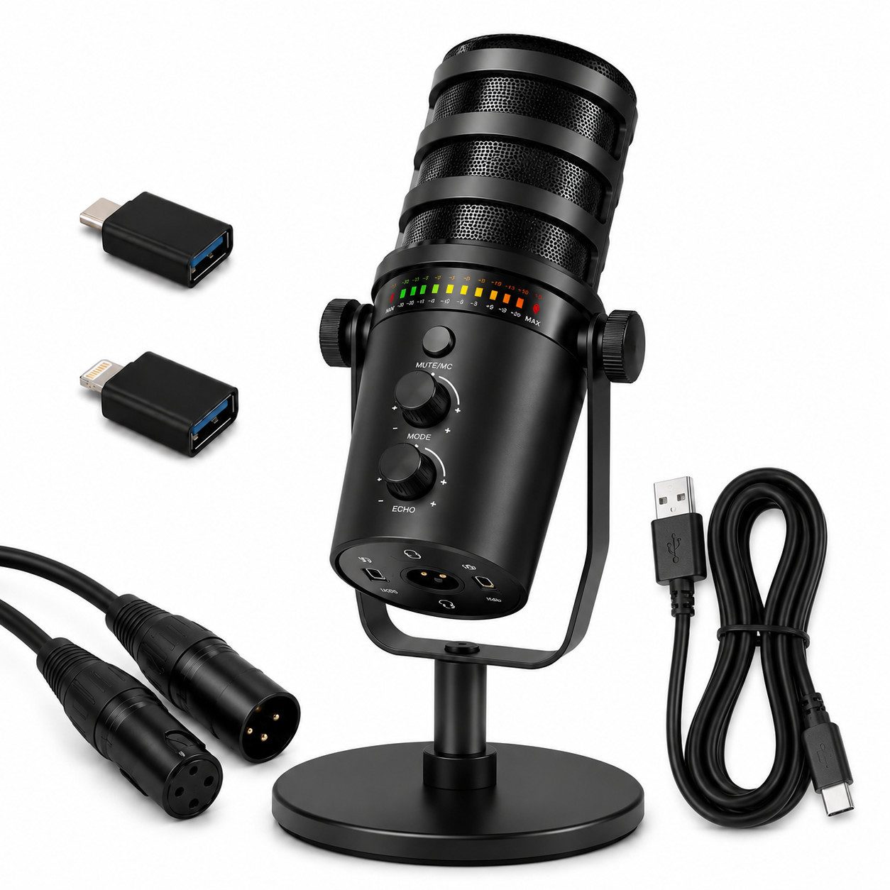 Toomoke Mikrofon XLR Mikrofon Dynamisch für Streaming Podcast Studio Microphone USB (Komplettes Lieferkit mit Metallständer, Audiokabeln, USB-Datenkabel sowie 2 USB-Adapter, 5-tlg), Mikrofon Set PC Gaming RGB effiziente Unterdrückung von Lärm