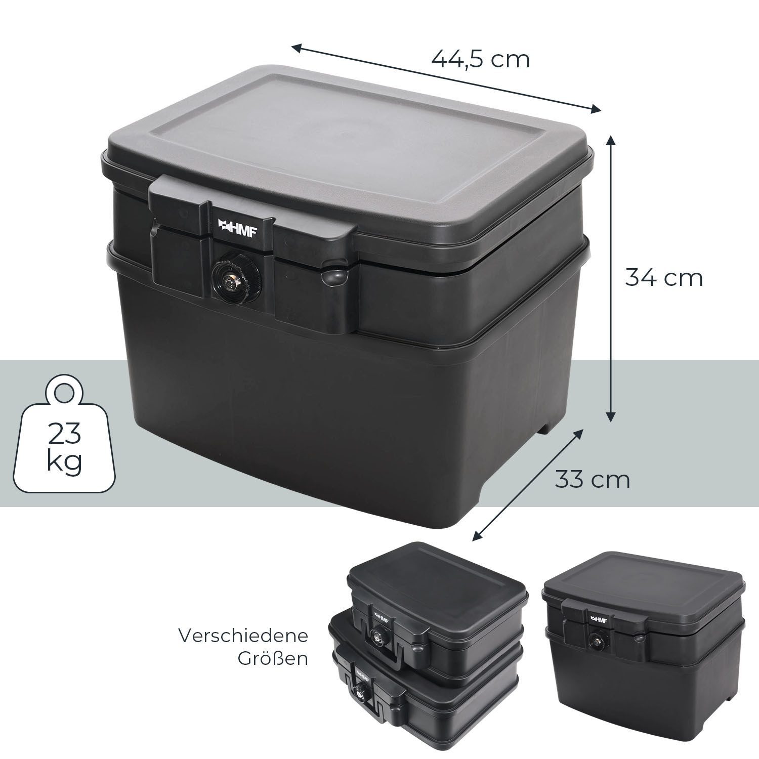 HMF Geldkassette Feuerfeste und wasserdichte Dokumentenkassette, Tresor, zum Schutz von Wertsachen, 44,5x34x37 cm, DIN A4 Register, schwarz – Bild 5 von 5