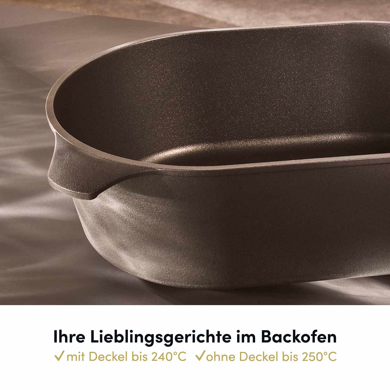 Hoffmann Germany Bräter Aluguss Antihaft Gänsebräter 40×27 cm mit Glasdeckel – Made in Germany, Aluguss (Set, 2-tlg., 1x Bräter 40×27 cm + 1x Glasdeckel), Schmortopf, 8,5 l, 250°C, 2 Kochfelder od. ovales Kochfeld