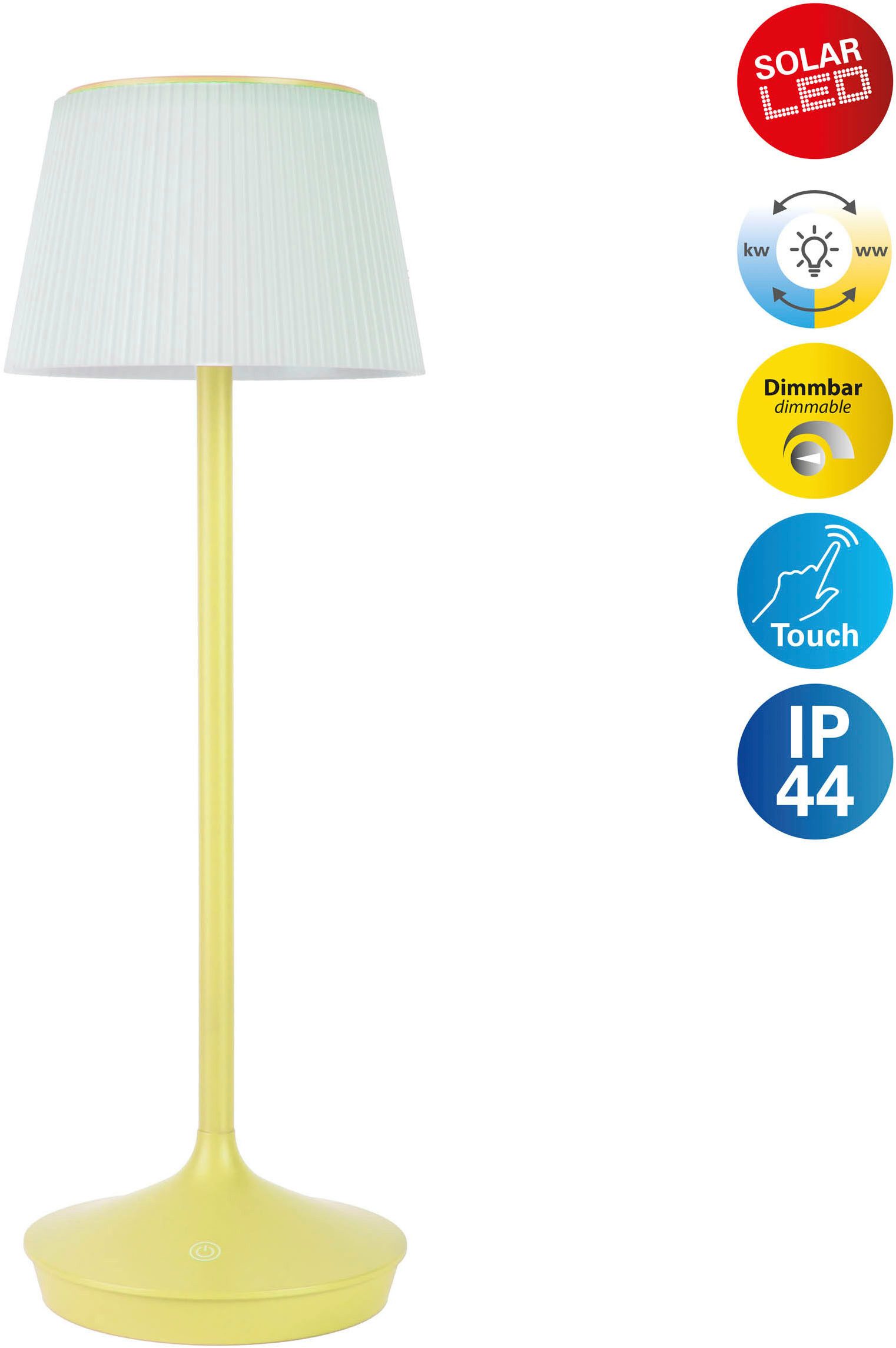 näve LED Tischleuchte Solarleuchte / Akkuleuchte "EMMI", Dimmer, Dimmfunktion, Ein-/Ausschalter, Farbsteuerung, USB-Ladefunktion, mehrere Helligkeitsstufen, LED fest integriert, Kaltweiß, Neutralweiß, Warmweiß, Solarbetrieb, Akkubetrieb, CCT, Berührungssensor, Akkutischleuchte
