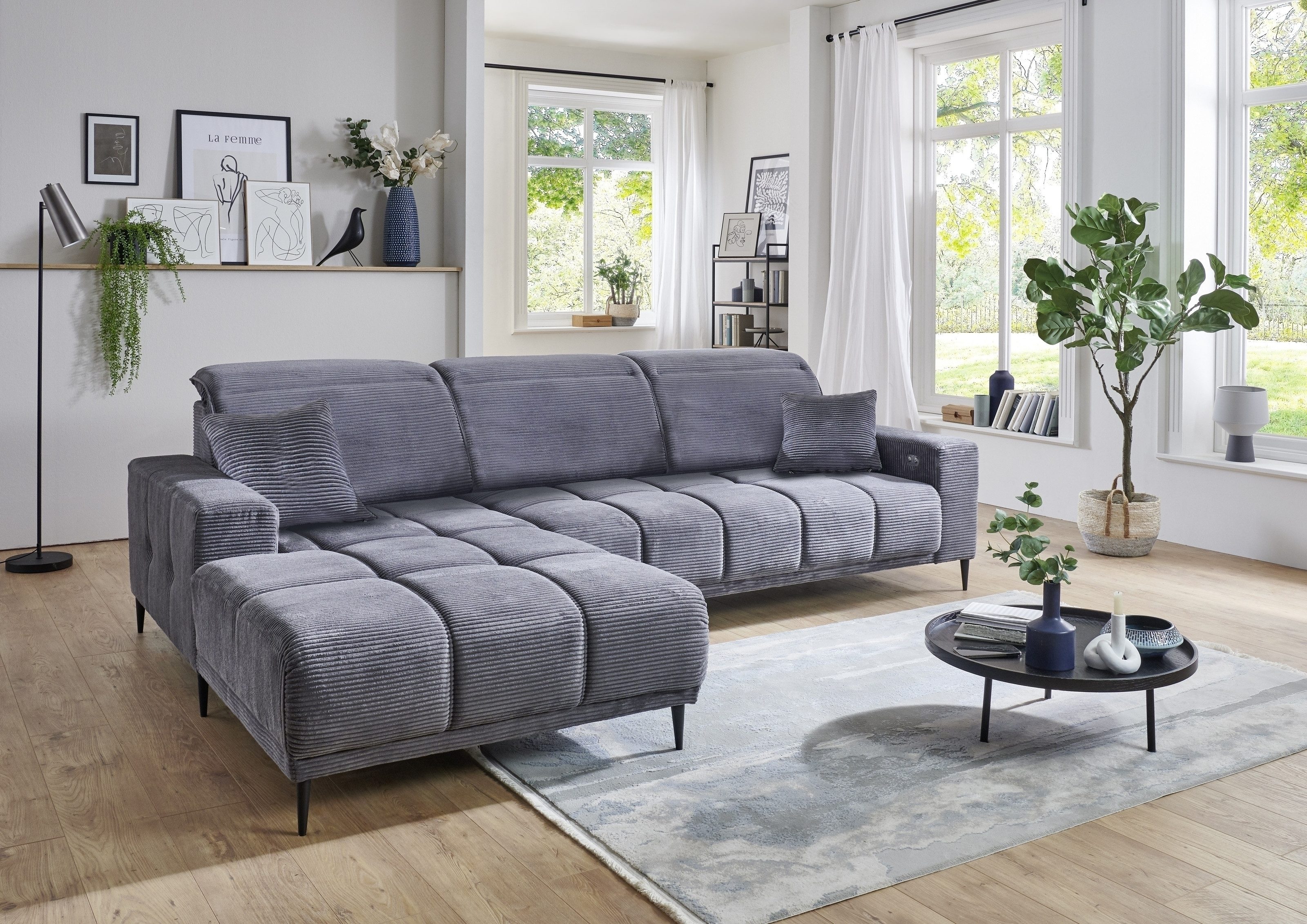 Iwaniccy Wohnlandschaft Kopfteilverstellung, Federkern, Cord dunkelgrau - 286x107x195 (BxHxT)