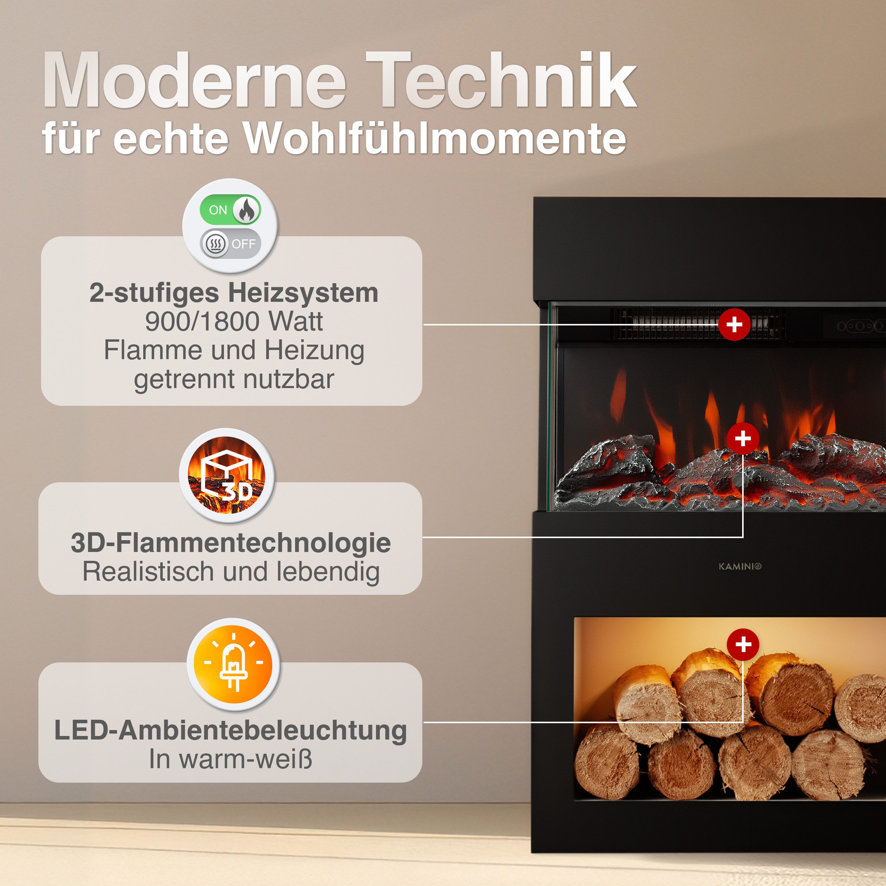 KAMINIO Elektrokamin HENRI, Elektrischer Kamin mit 3D-Flammeneffekt, Heizung 1800W