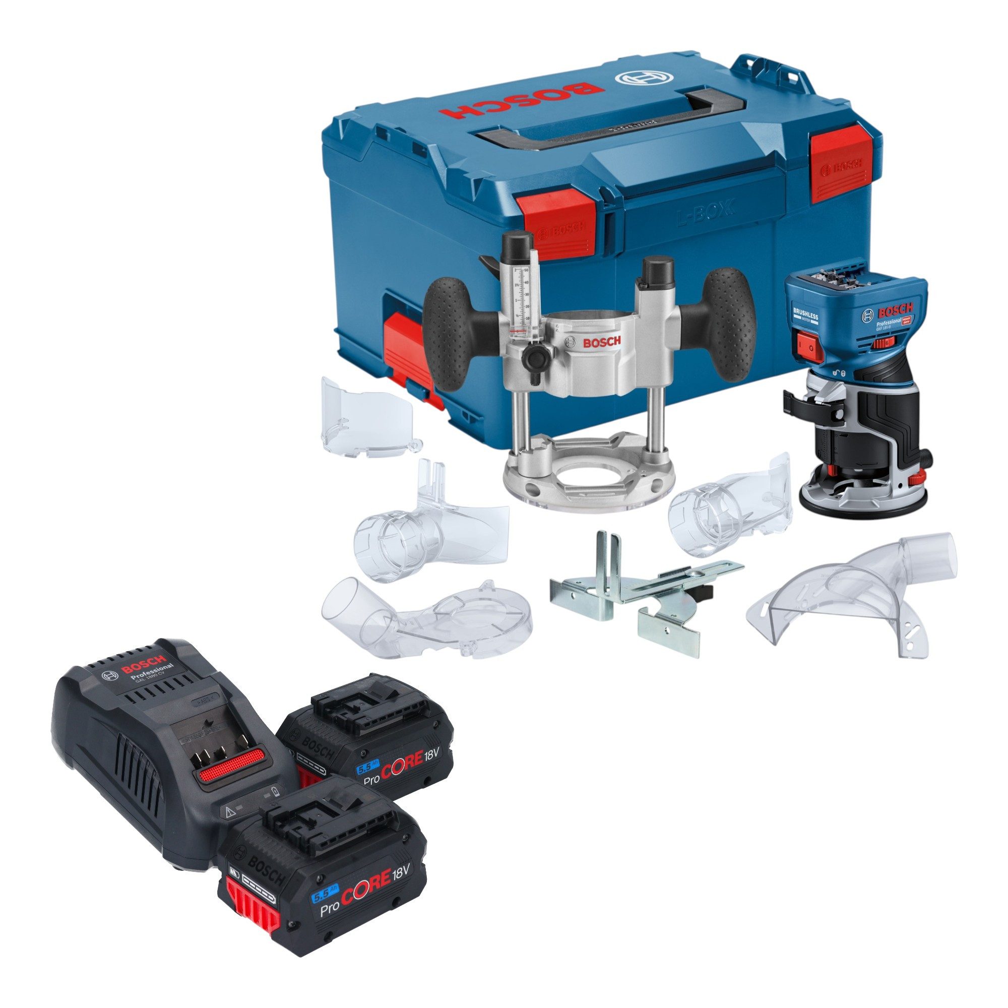 Bosch Professional Oberfräse GKF 18V-8 Professional Akku Kantenfräse 18 V 8,0 mm Brushless + 2x