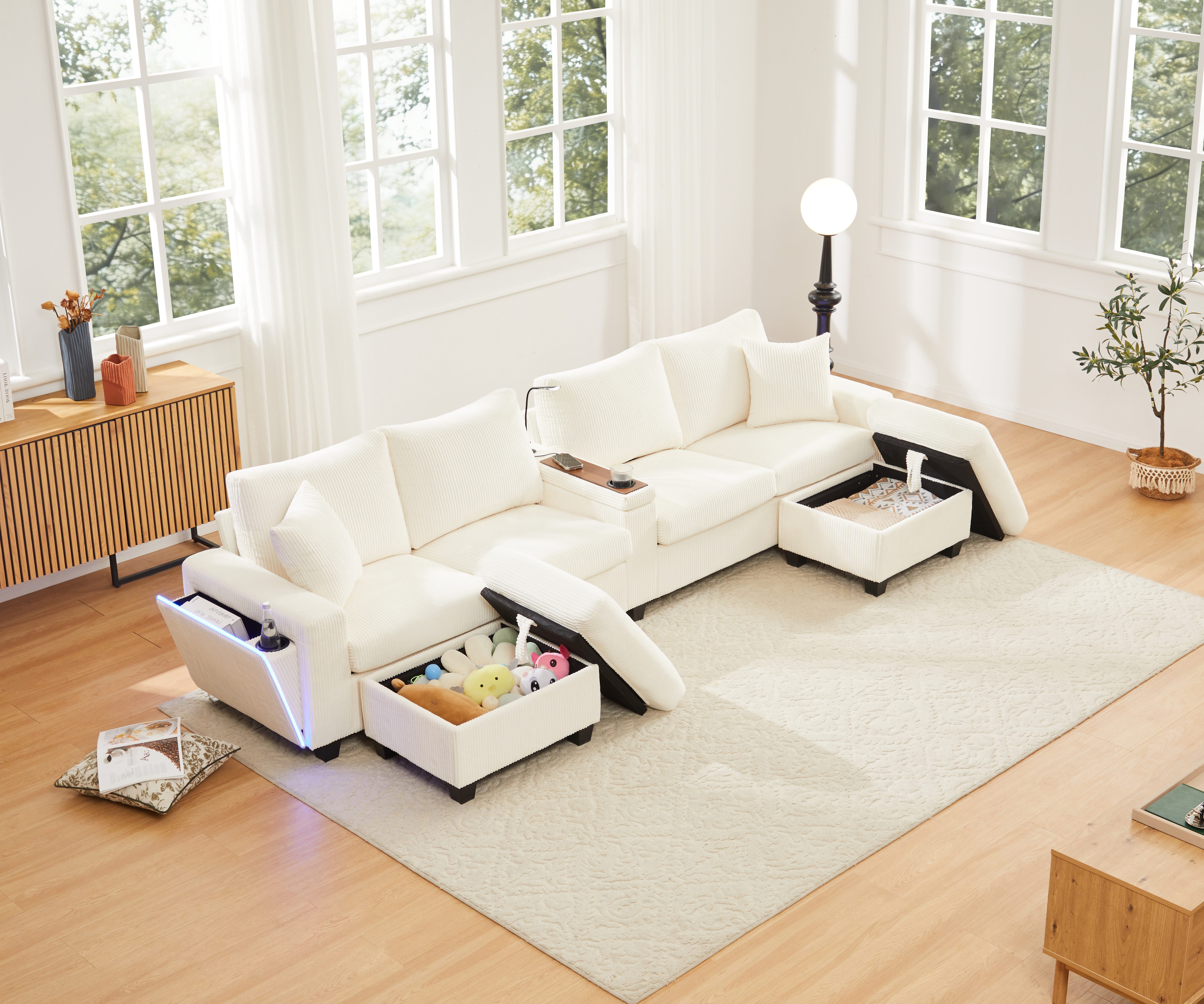 Flieks 4-Sitzer Sofa mit Leselampe, LED-Beleuchtung, Getränkehalter & USB/Type-C, Set, U-förmiges Polstersofa inkl. 2 Hocker mit Stauraum, Cordstoff Beige
