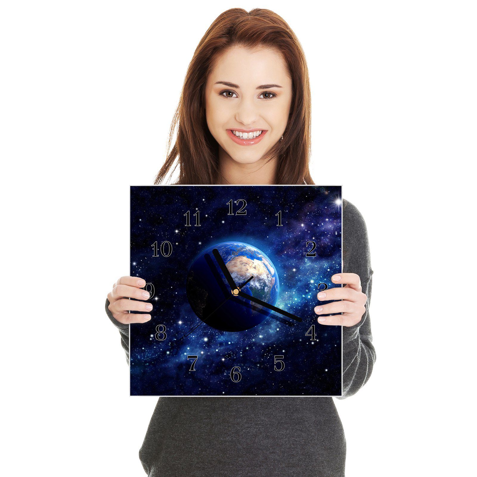 Primedeco Motiv mit cm Sternenfeld Wandkunst Planet Glasuhr Wanduhr Wanduhr x 30 Erde im 30 Größe