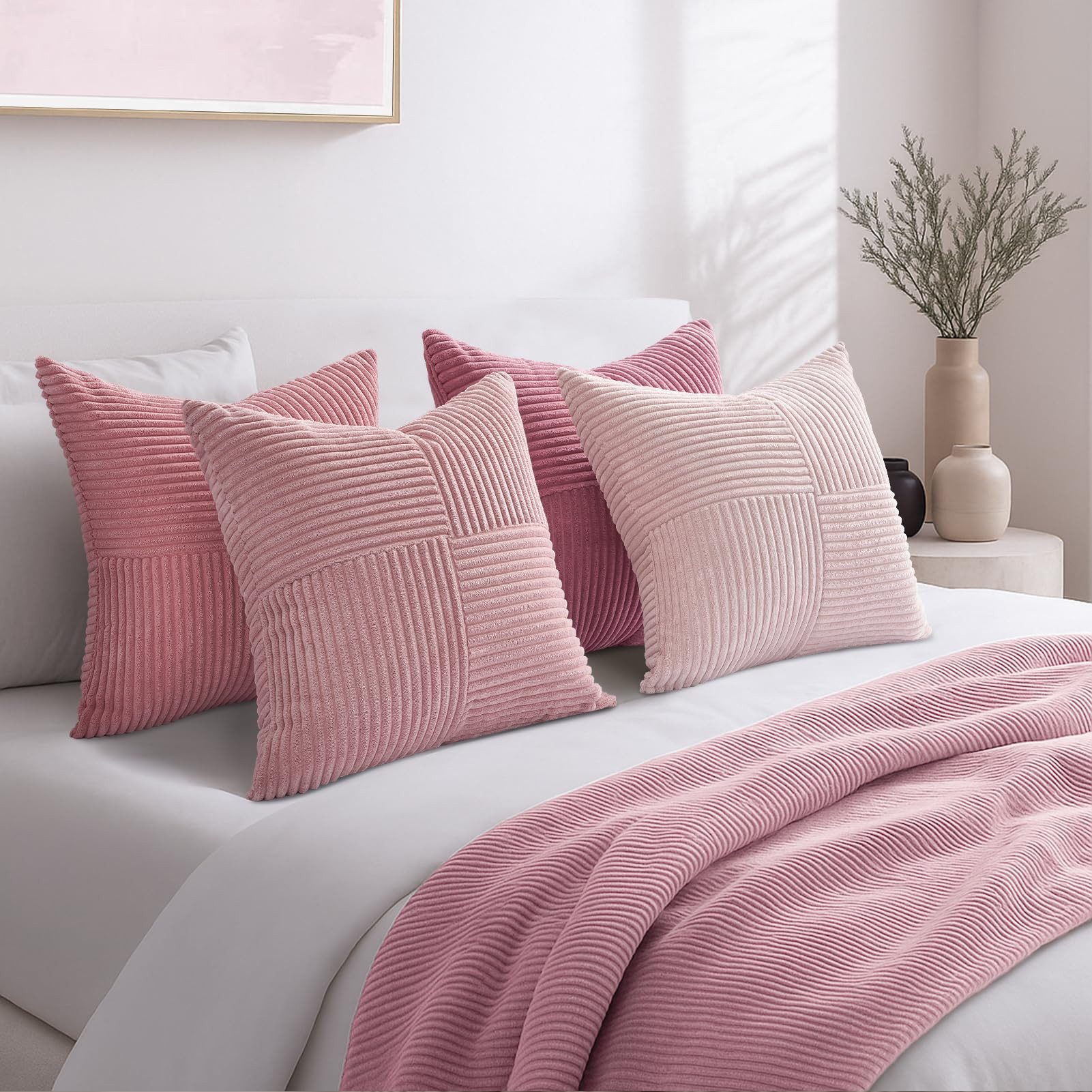 Topfinel Kissenbezug 40x40 4er set Kissenbezüge 50x50 Kordsamt mit Streifen deko Sofa, kissenbezug Rosa Farbverlauf Schlafzimmer Weich Hautfreundlich
