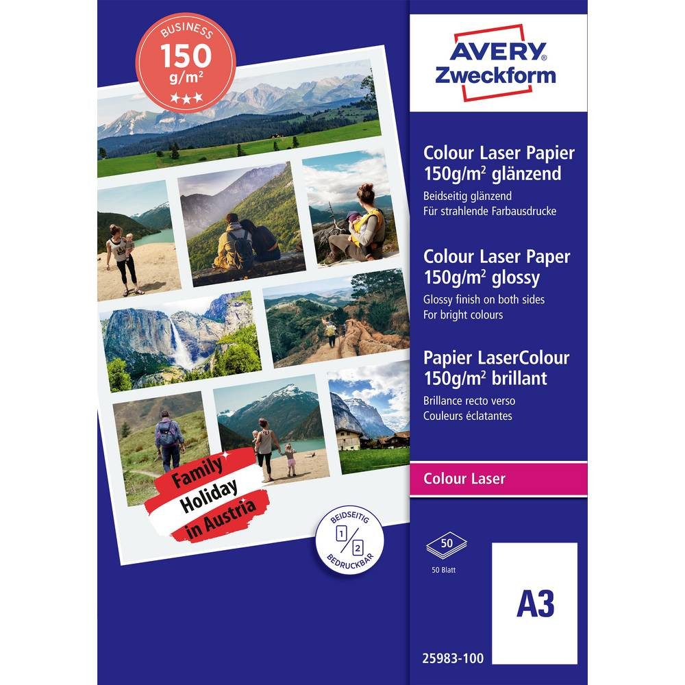 Avery Zweckform Laser-Druckerpapier Avery Zweckform Art. Colour Laser Papier (50 Blatt, 150 g/m² 25983-100, Optimiert für Laser, Glänzend, Beide Seiten bedruckbar, Wischfest