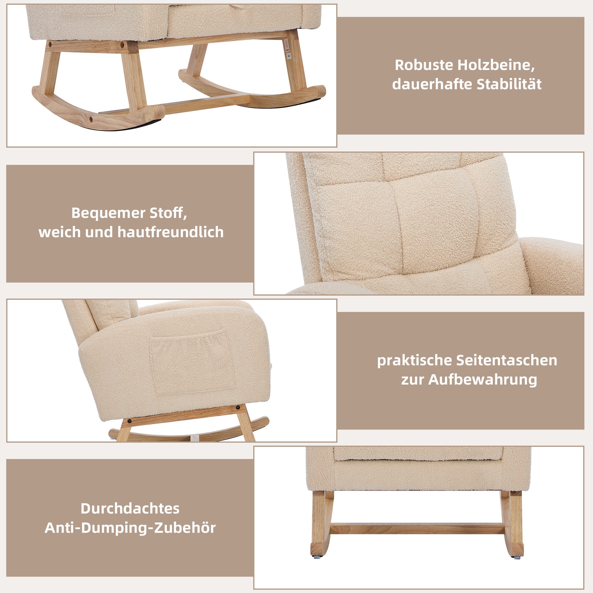 REDOM Schaukelstuhl Moderner Schaukelstuhl Beige mit Teddyfleece-Bezug (Relaxsessel, Wohnzimmersessel, Schlafzimmersessel, 1 St), Seitentasche, Ideal für Wohnzimmer, Büro oder Kinderzimmer