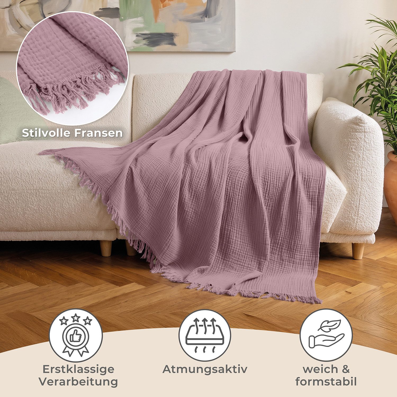 Laynenburg Tagesdecke Musselin mit Fransen aus 100% Baumwolle – Baumwolldecke, Wohndecke als Sommerdecke, Bett-Überwurf, Sofa-Decke, Kuscheldecke – Bild 3 von 5