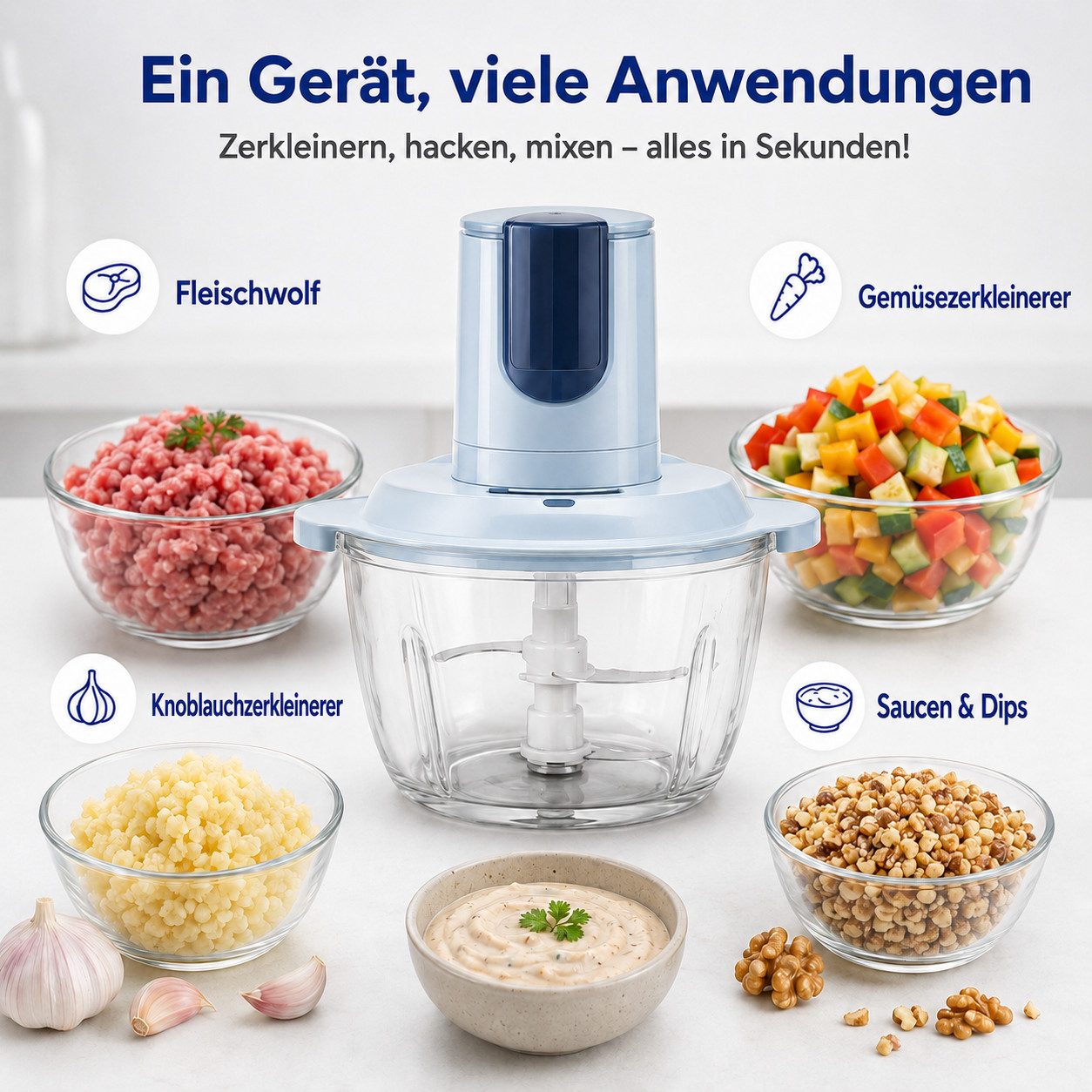 FELIXLEO Zerkleinerer Elektrischer Küchenzerkleinerer mit 2L 700ml Edelstahlbehältern