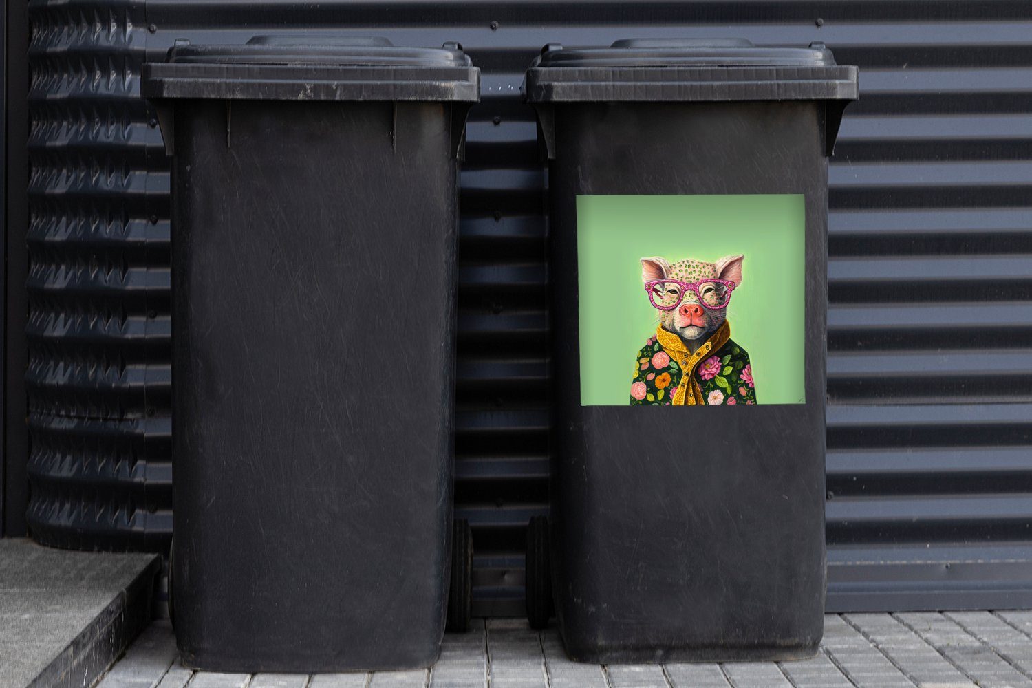 Mülltonne, Tier - Mülleimer-aufkleber, Blumen Brille - Abfalbehälter Rosa - Sticker, MuchoWow Wandsticker St), - Container, Schwein (1