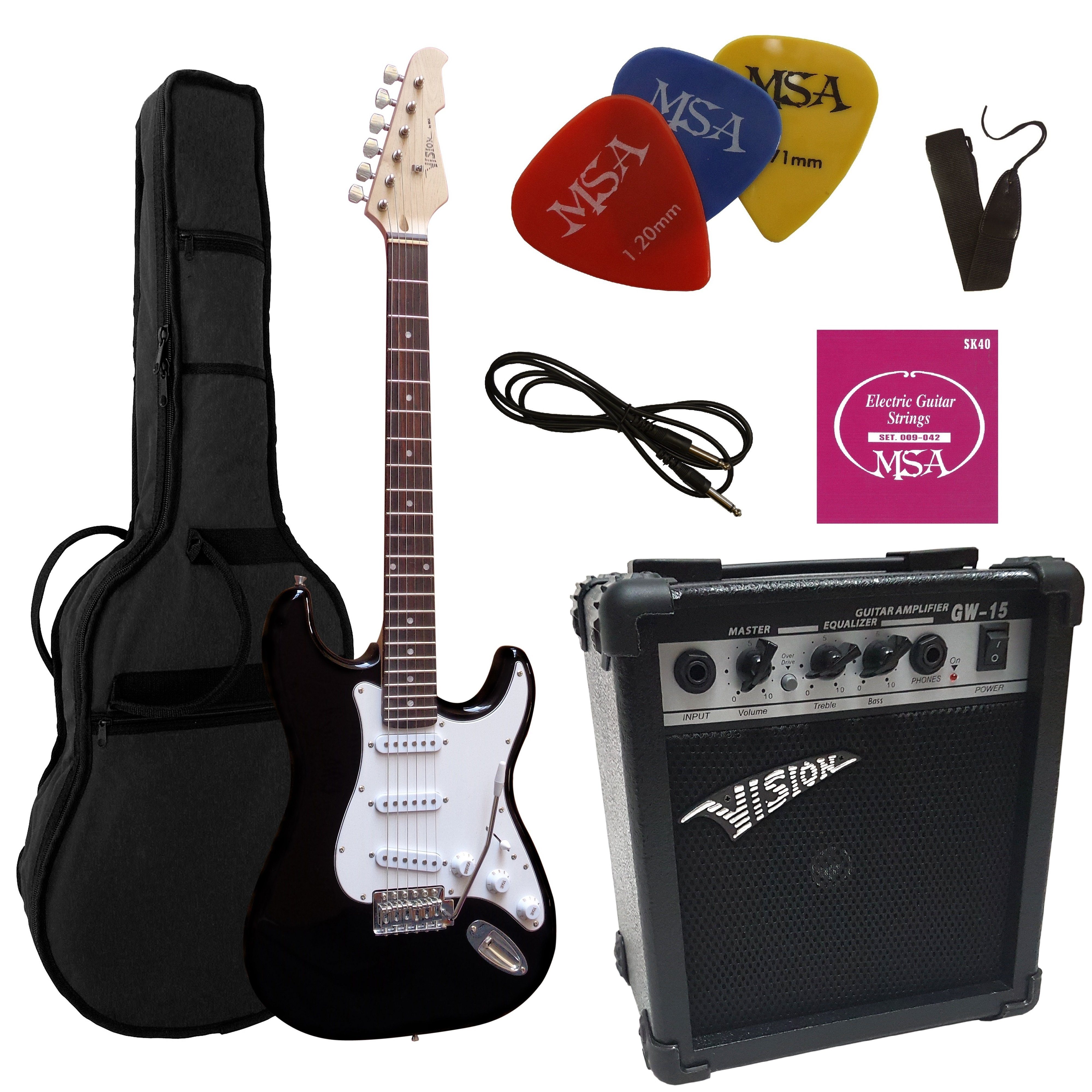 MSA E-Gitarre ST5, Elektrogitarre im Set, mit 20 Watt Verstärker, Tasche, Band,Saiten, 3xPik, Tremolo