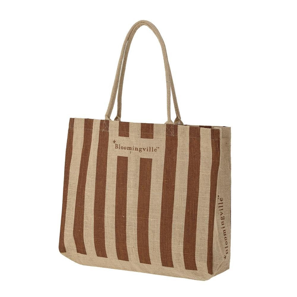 Bloomingville Schultertasche Bergamo Tote Bag, Einkaufstasche aus Jute, mit naturfarbenen und braunen Streifen