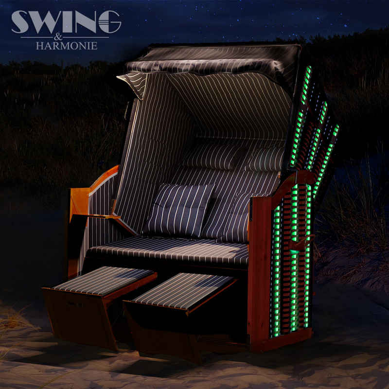 Swing&Harmonie Strandkorb XXL inkl. Abdeckcover Luxus mit 4 Kissen, Klapptische, Zeitungsfächer, Volllieger, Ostsee-Modell, mit LED Beleuchtung und Solarmodul