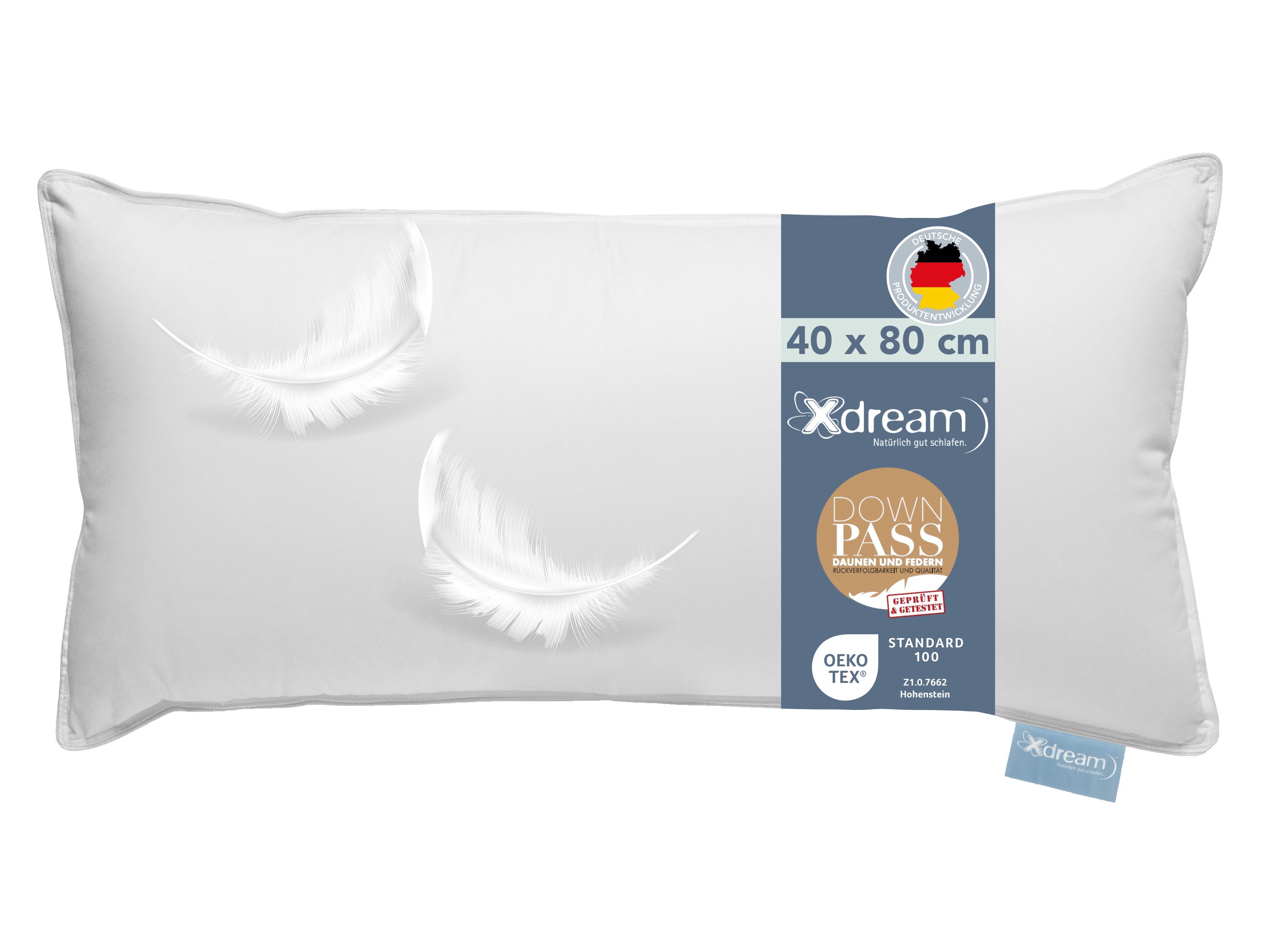 XDREAM Daunenkissen Premium, Kopfkissen 40x80 cm und 80x80 cm, entwickelt in Deutschland, Füllung: Daunen und Federn, Bezug: 100% Baumwolle, Rückenschläfer, Seitenschläfer, Bauchschläfer, Daunenkopfkissen, Bettkissen, Schlafkissen, für Allergiker geeignet