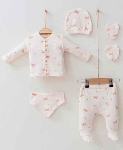 Engelbaby Erstausstattungspaket Neugebornen-Set 5-teiliges 100 % Baumwolle 0-3 M Schmetterling-Motiv (Set, 5-tlg., Baby-Mädchen, Langarm, Hose, Lätzchen, Mütze, Handschuhe) 5-teilig 100% Baumwolle schmetterling-Motiv bedruckt 0-3 Monate