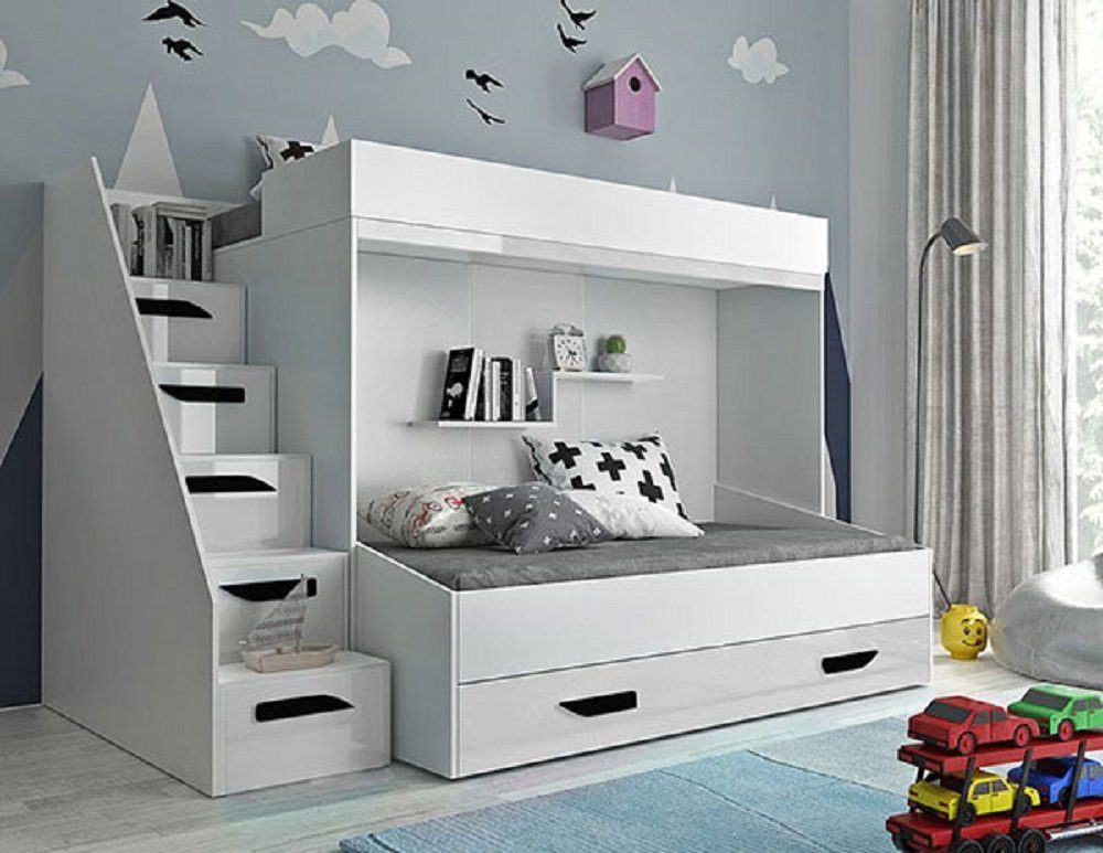 Feldmann-Wohnen Hochbett PARTY (Etagenbett, mit Bettschublade) Farbe wählbar weiß / weiß Hochglanz - Griffe schwarz
