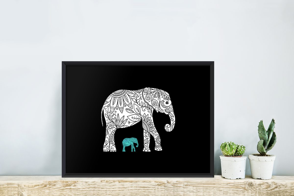 - Pflanzen, Elefant - Bilder, Poster Wandposter, Gerahmtes Blumen Schwarzem St), (1 Poster, MuchoWow Wanddeko, Bilderrahmen