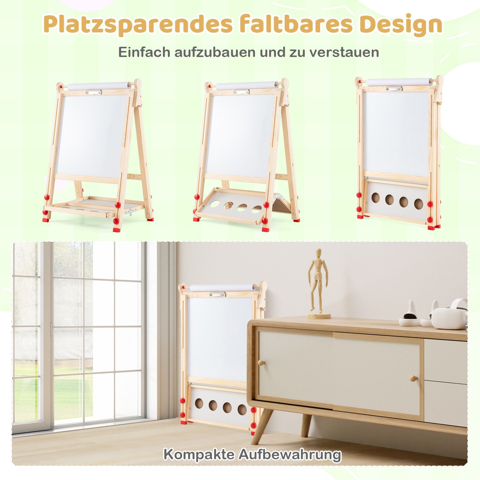 COSTWAY Kinderstaffelei, höhenverstellbar, Holz mit Ablage & Zubehör
