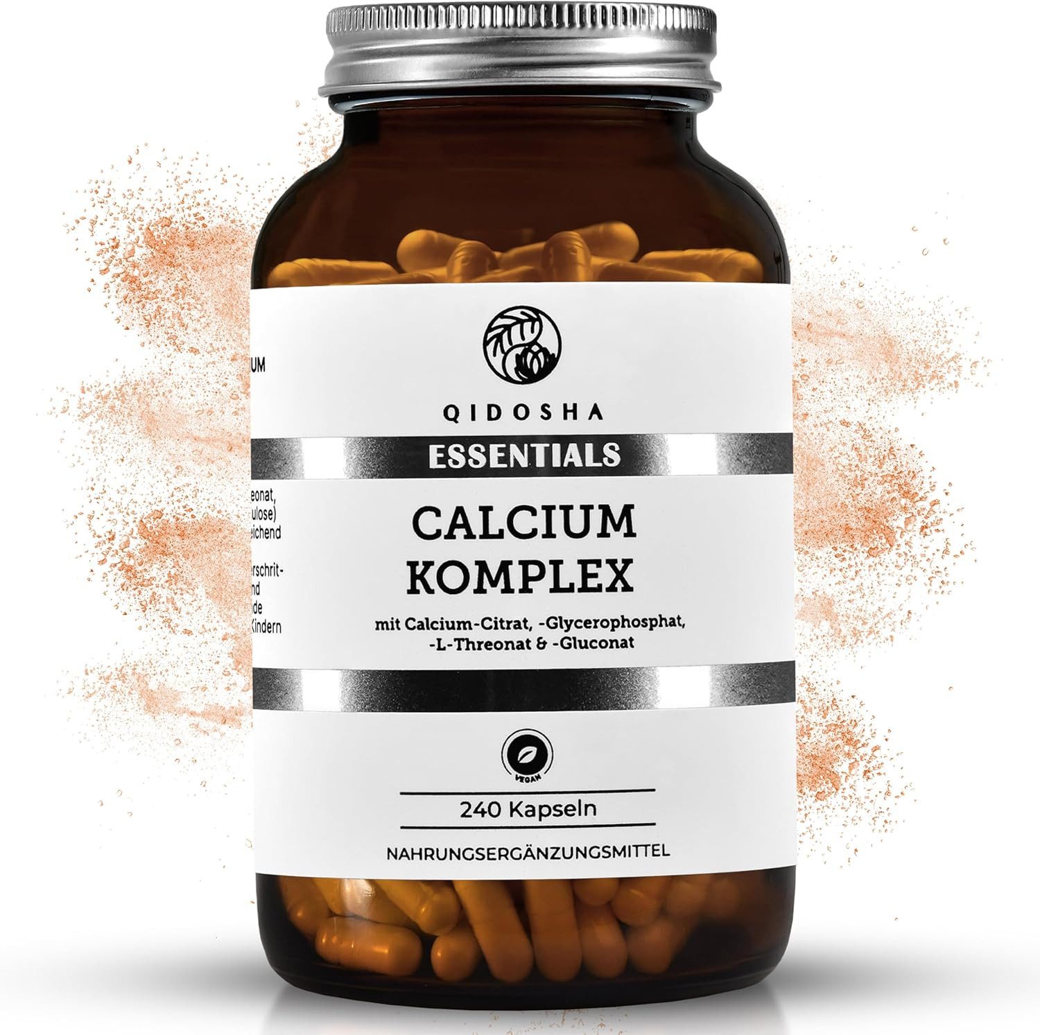 QIDOSHA Calcium Kapseln Komplex 4 Formen - hoch bioverfügbar - vegan & rein Kapseln, Ca-Citrat, Ca-Glycerophosphat und Ca-L-Threonat, 240 Stk im Apothekerglas, deutsche Применитьung, jede Charge laborgeprüft à 240 St., 111 g
