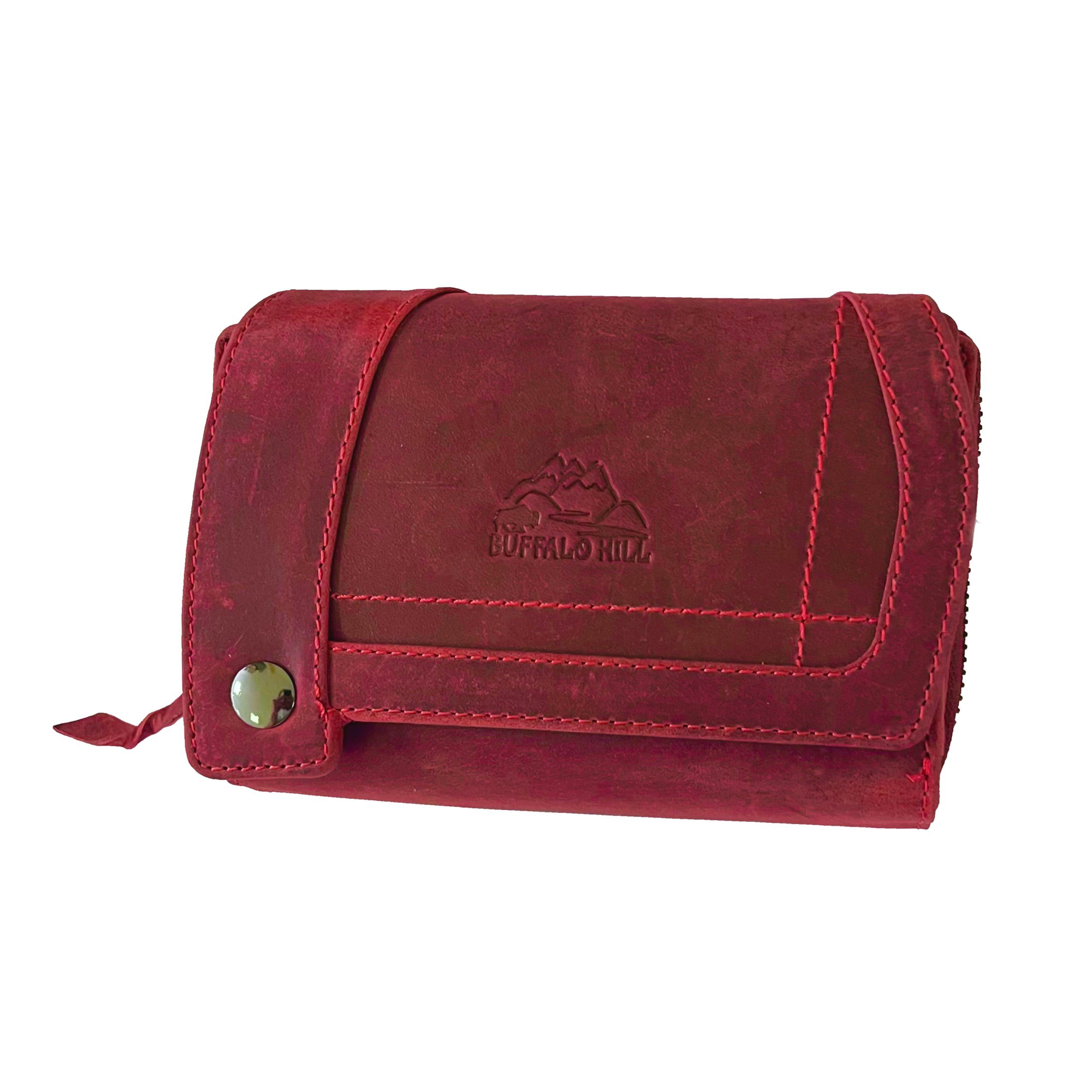 Buffalo Hill Geldbörse Büffelleder Portemonnaie, Kartenetui mit RFID-Schutz >BH-2679<, eleganter Damen Geldbeutel mit 12 Kartenfächern in Rot
