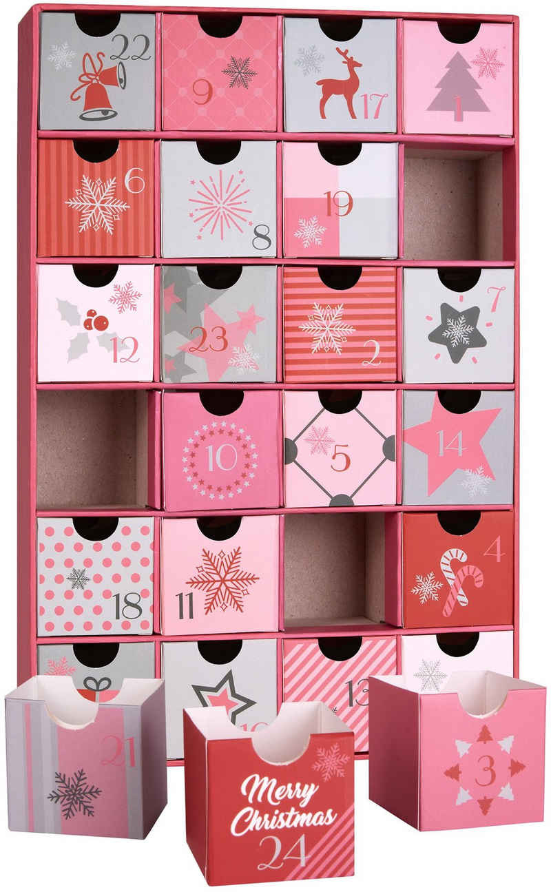 BRUBAKER befüllbarer Adventskalender DIY Weihnachtskalender zum Befüllen für Frauen & Mädchen - Rosa Pink (1-tlg), Weihnachtszauber Kalender mit 24 Türchen - 32,5 cm