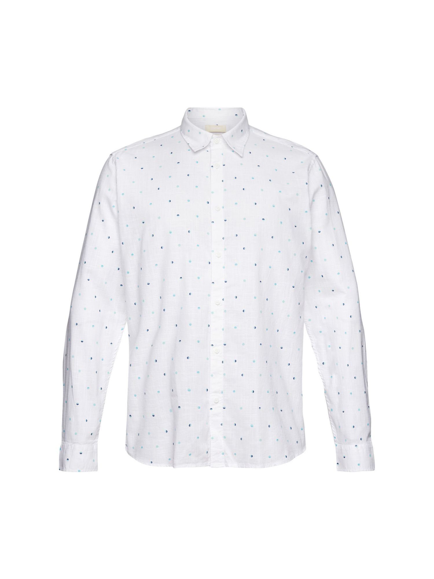 edc by Esprit Slub WHITE Baumwolle mit Langarmhemd Hemd aus Lunar-Dot-Muster