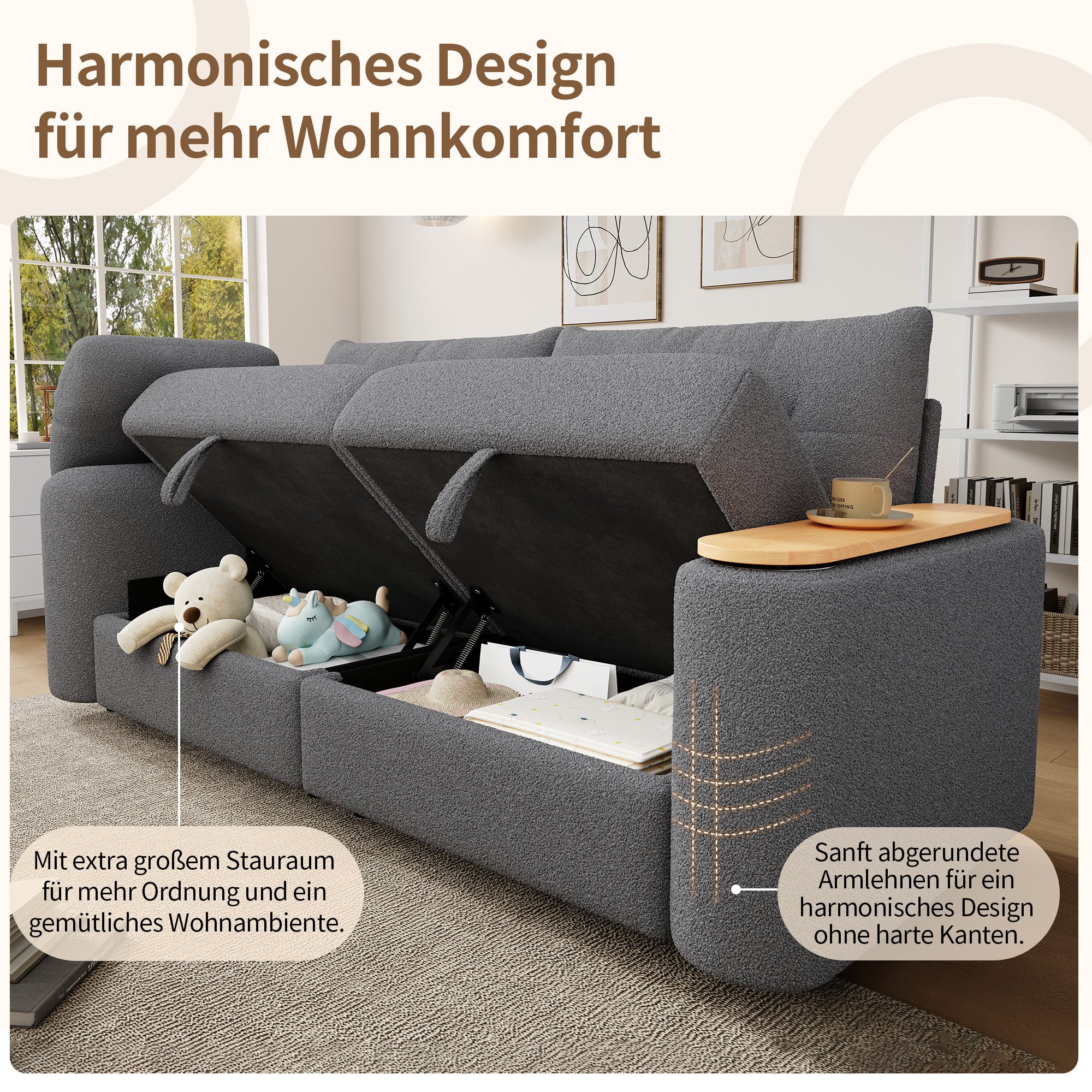 MODFU Schlafsofa Modulare Schlafcouch mit integriertem Beistelltisch, 207,5x80x87 cm, Bezug aus weichem Teddyplüsch, kompakte mit Stauraum 1 Teile, als vielseitiger und kuscheliger Mittelpunkt für kleine Wohnungen