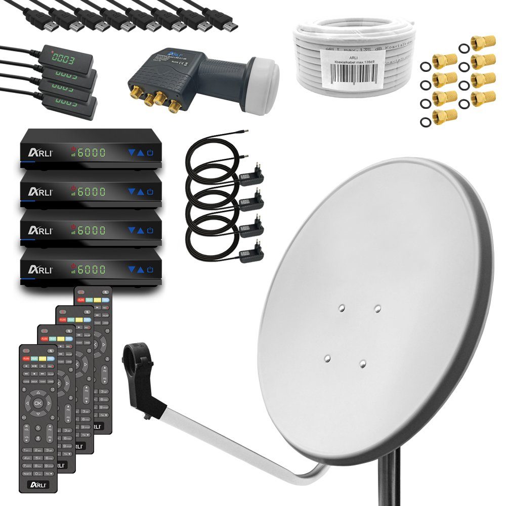 ARLI ARLI 60 cm HD Sat Anlage Antenne weiss Set inkl. Receiver + Kabel +  Stecker für 4 Teilnehmer Set 12804 SAT-Antenne (60 cm, Stahl)