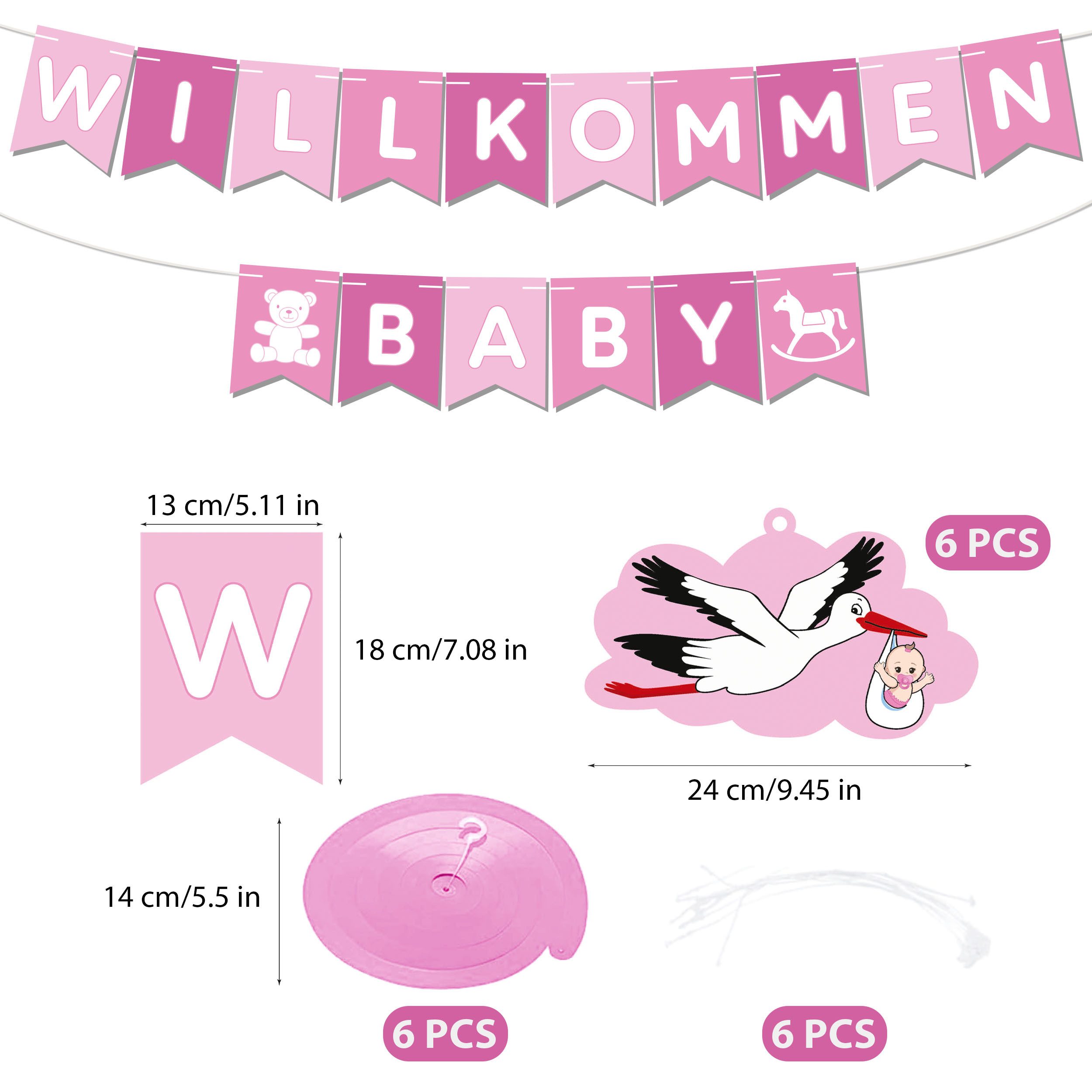 BRUBAKER Girlande Willkommen Baby Wimpelkette für Mädchen mit Storch Anhängern, Willkommensdeko Set für Zuhause, Babyparty und Babyzimmer Dekoration