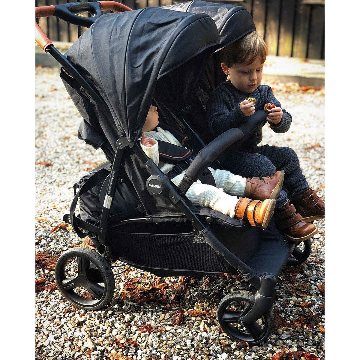 Babytrold Zwillingsbuggy OS2 Zwillingsbuggy Olive, verstellbar, pannensichere Räder, Großer Einkaufskorb, viel Stauraum