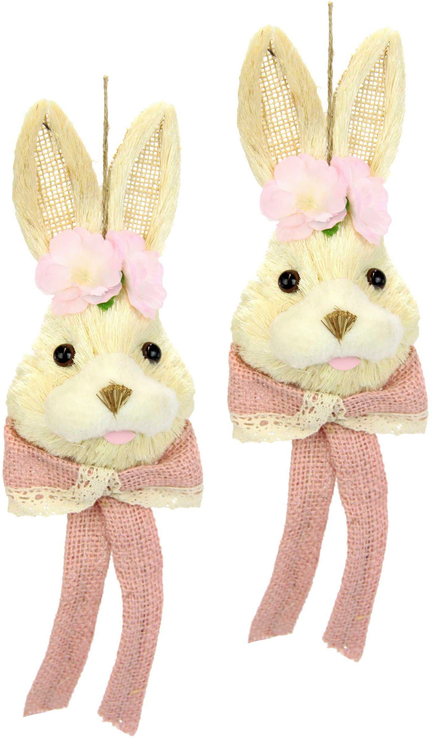 I.GE.A. Osterhase Bast-Hasenkopf mit Blume und Schleife, Frühlingsdeko (Set, 2 St), Osterdeko zum Aufhängen, Dekofigur, Wanddeko | Osterhasen