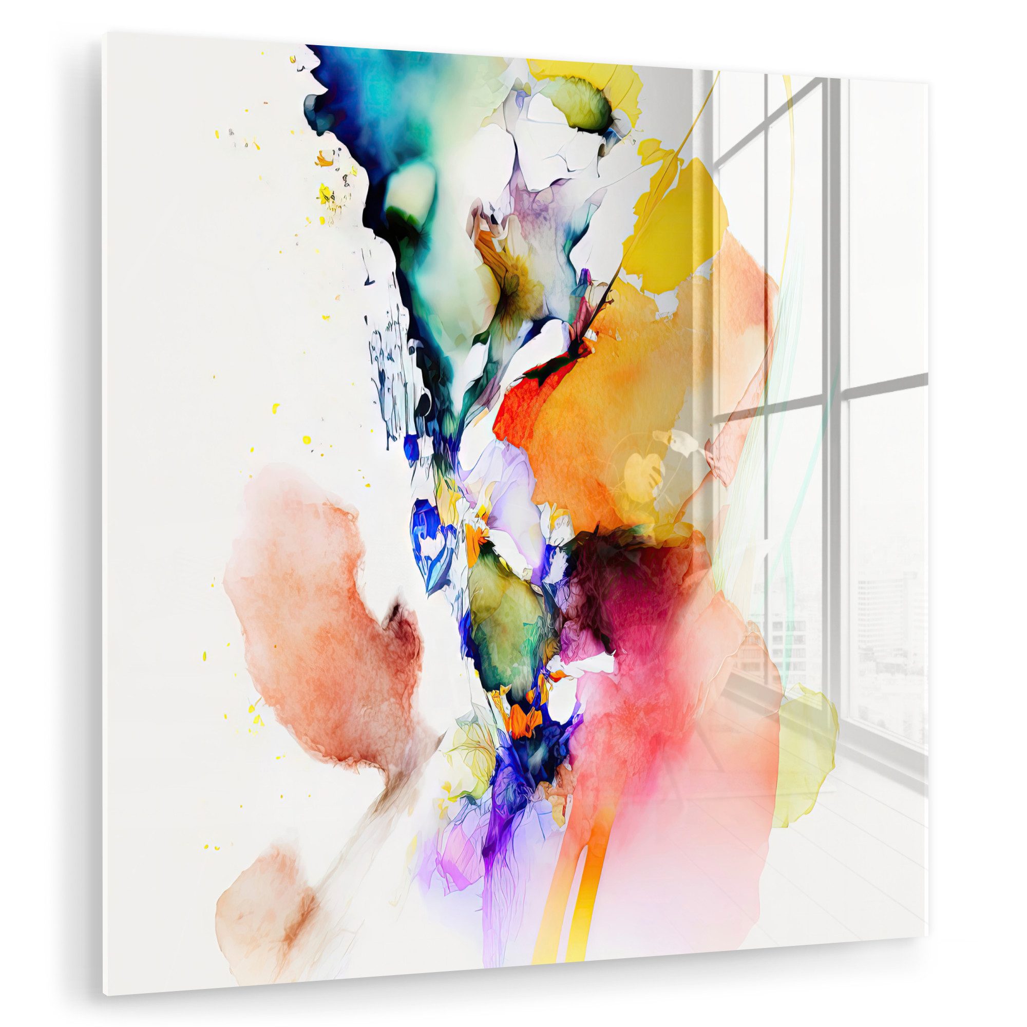 MuchoWow Acrylglasbild Aquarell - Regenbogen - Abstrakt - Kunst, Inkl. Aufhängung, Bilder auf Glas Wandbild, Wanddeko Wohnzimmer Badezimmer, 20x20 cm