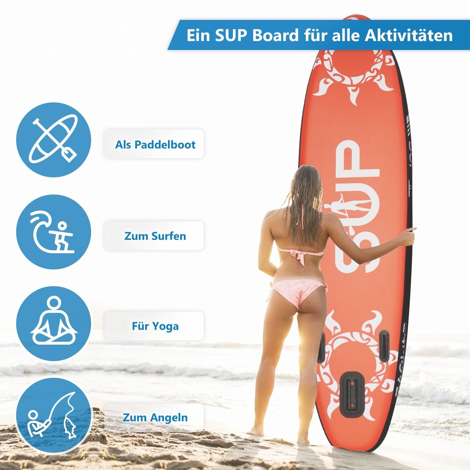 24Move SUP-Board Supboard Set, Premium Stand Up Paddleboard aufblasbar, inkl. Zubehör, Longboard, (Rucksack, Paddel, Action Cam ready, Doppelhub Pumpe, Sicherungsleine, 6 tlg), mit Drop Stich Technologie und Anti-Rutsch Oberfläche