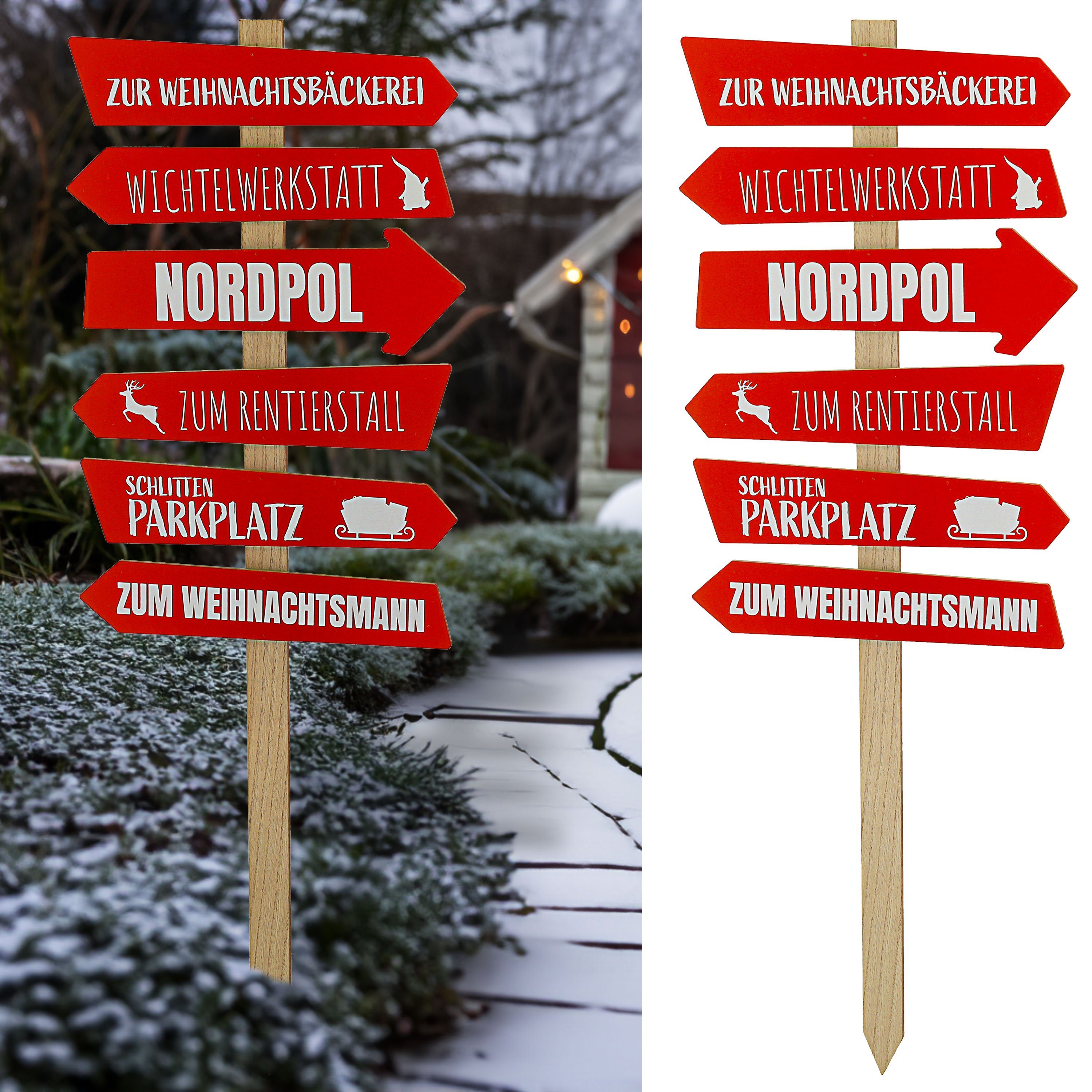 CEPEWA Gartenstecker Schild Wegweiser MDF naturfarben H76cm rot 6 Planken Weihnachten