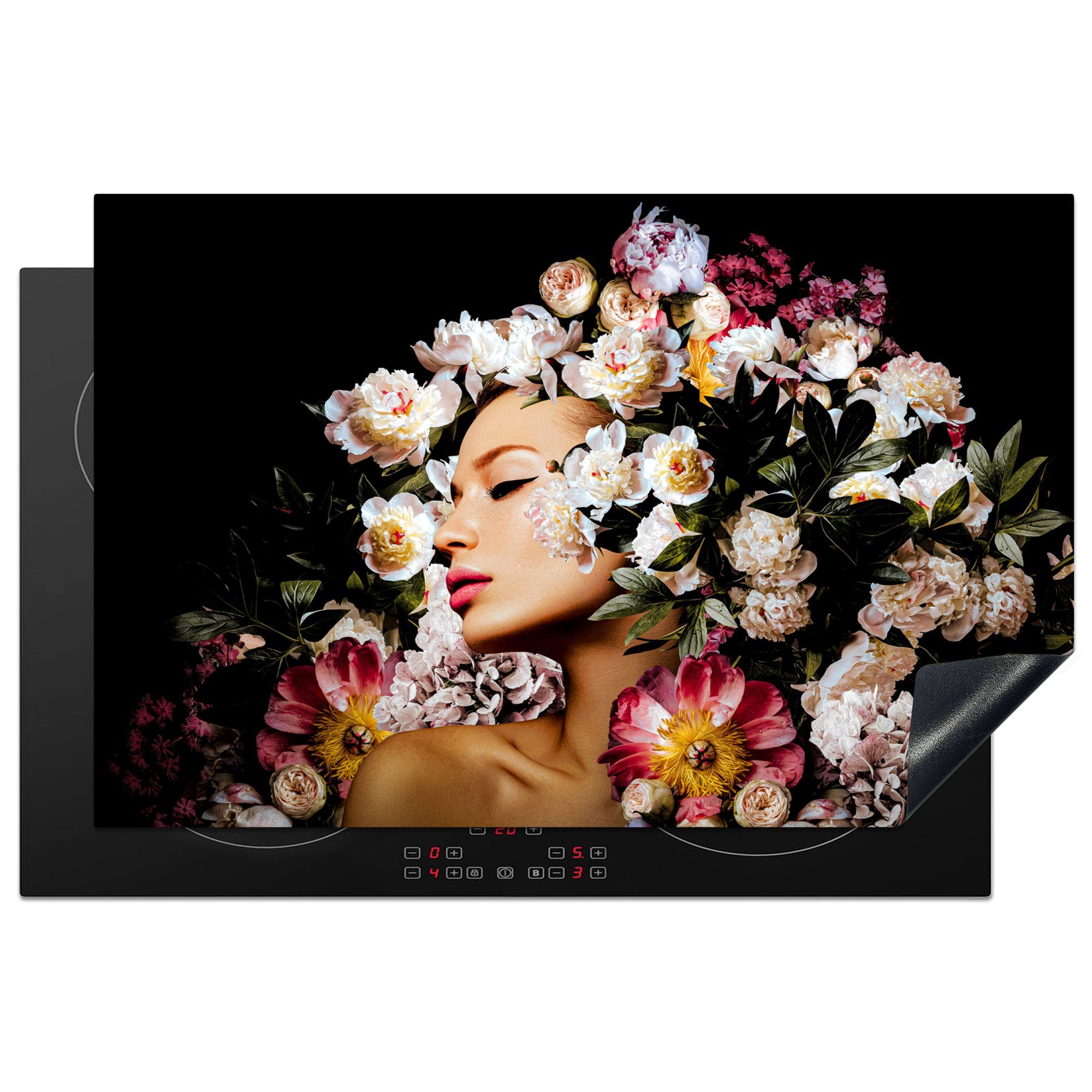 MuchoWow Herdblende-/Abdeckplatte Frauen - Blumen - Rosen - Porträt, Vinyl, (1 tlg), 81x52 cm, Ceranfeldabdeckung, Arbeitsplatte für küche