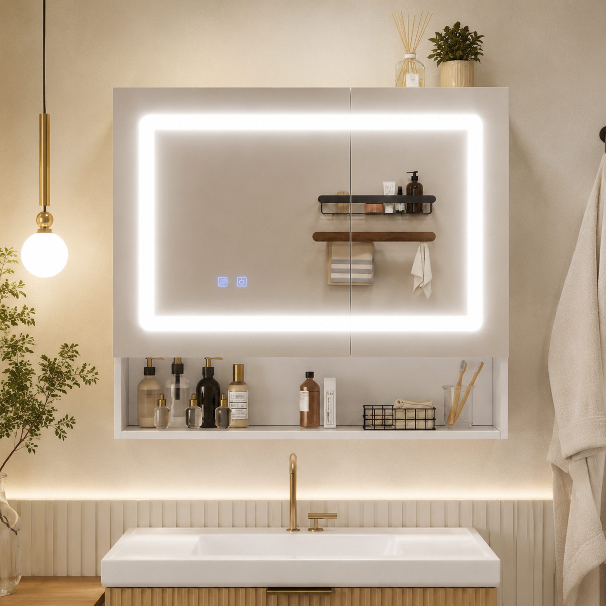 Flieks Badezimmerspiegelschrank Spiegelschrank mit Doppeltür, Ein-Knopf-Entfeuchtung, LED-Beleuchtung (80x17x70 cm, 1-St., Entnebelungsfunktion, Helligkeit einstellbar, Soft-Close-Funktion) Badezimmerschrank mit verstellbare Einlegeböden Wandschrank