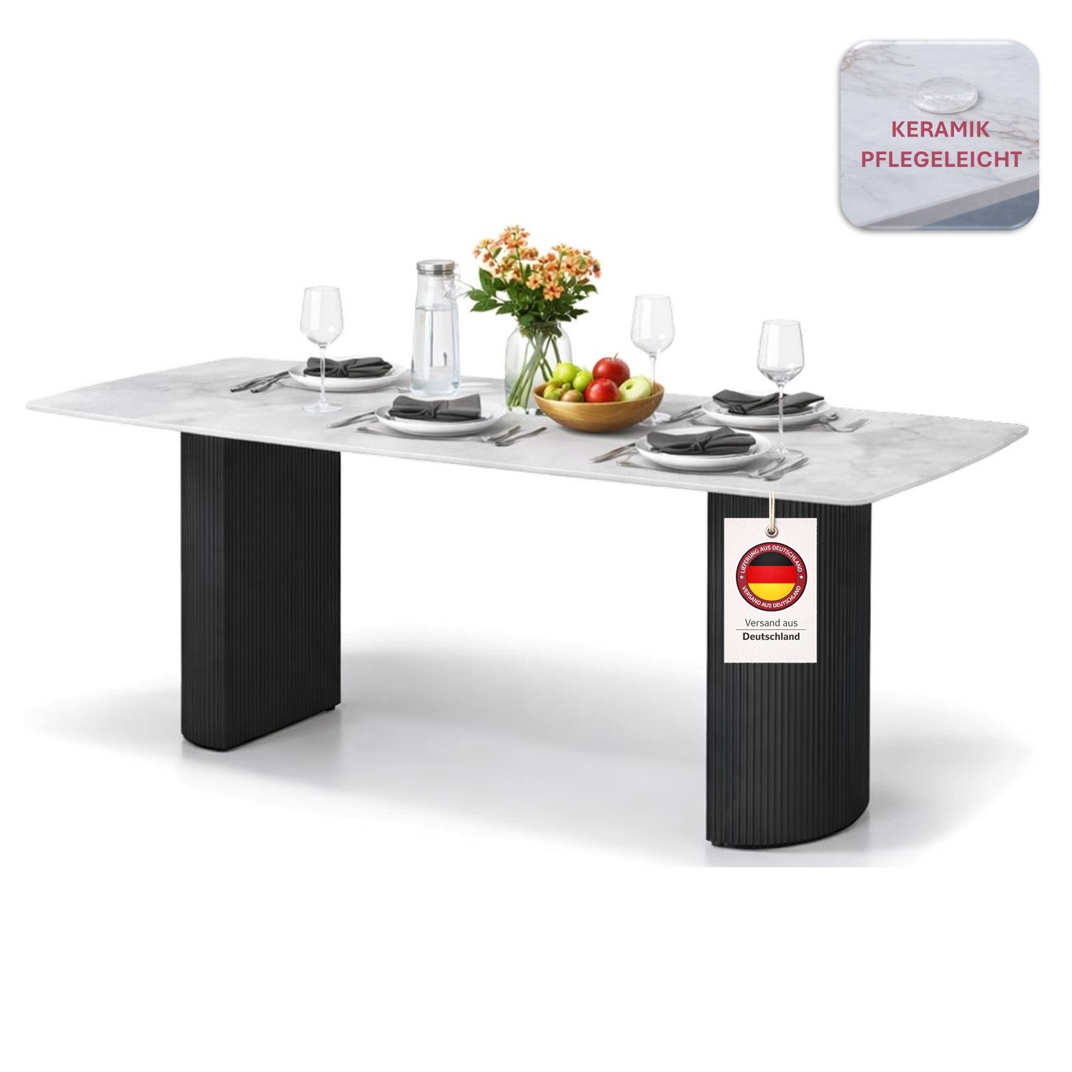 HOOZ Wohnzimmertisch Esstisch Set 180x90cm Schwarz - Küchentisch modern, Keramik 8 Personen (Einzelprodukt, 1× Esstisch), Keramik-Tischplatte, Travertin-Optik (marmoriert), pflegeleicht